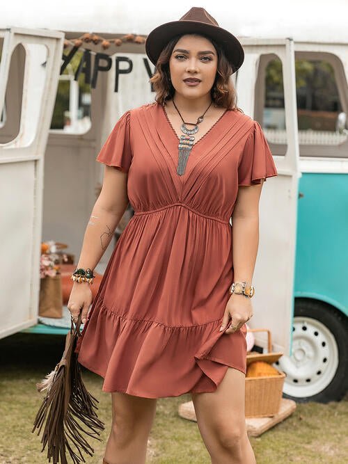 Double Take Plus Size Ruffle Hem V - Neck Short Sleeve Dress - Loulou Boutique