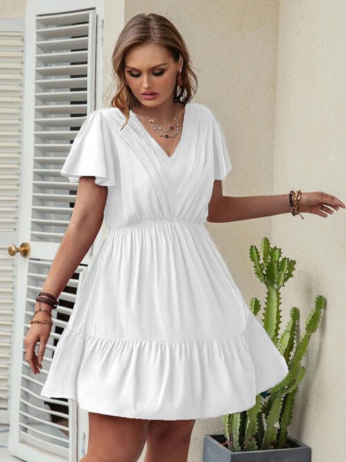 Double Take Plus Size Ruffle Hem V - Neck Short Sleeve Dress - Loulou Boutique