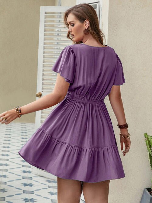 Double Take Plus Size Ruffle Hem V - Neck Short Sleeve Dress - Loulou Boutique