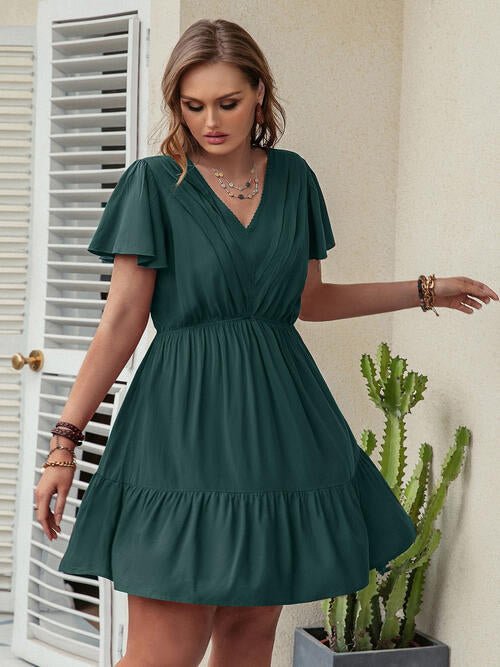 Double Take Plus Size Ruffle Hem V - Neck Short Sleeve Dress - Loulou Boutique