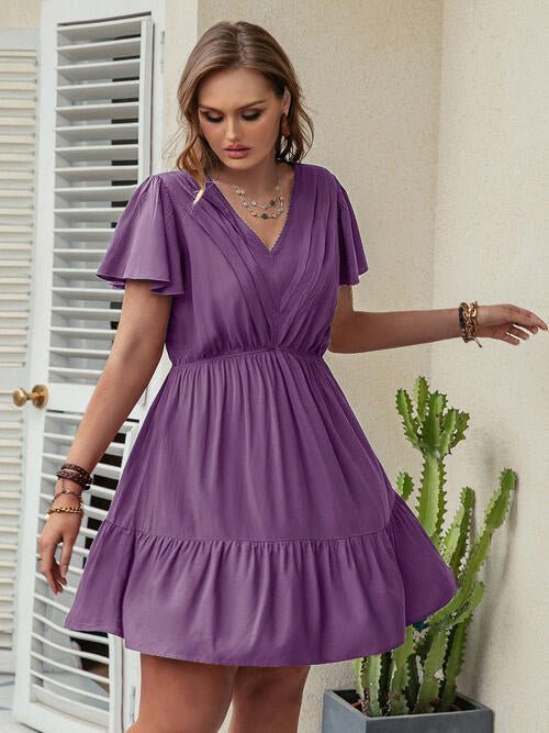 Double Take Plus Size Ruffle Hem V - Neck Short Sleeve Dress - Loulou Boutique