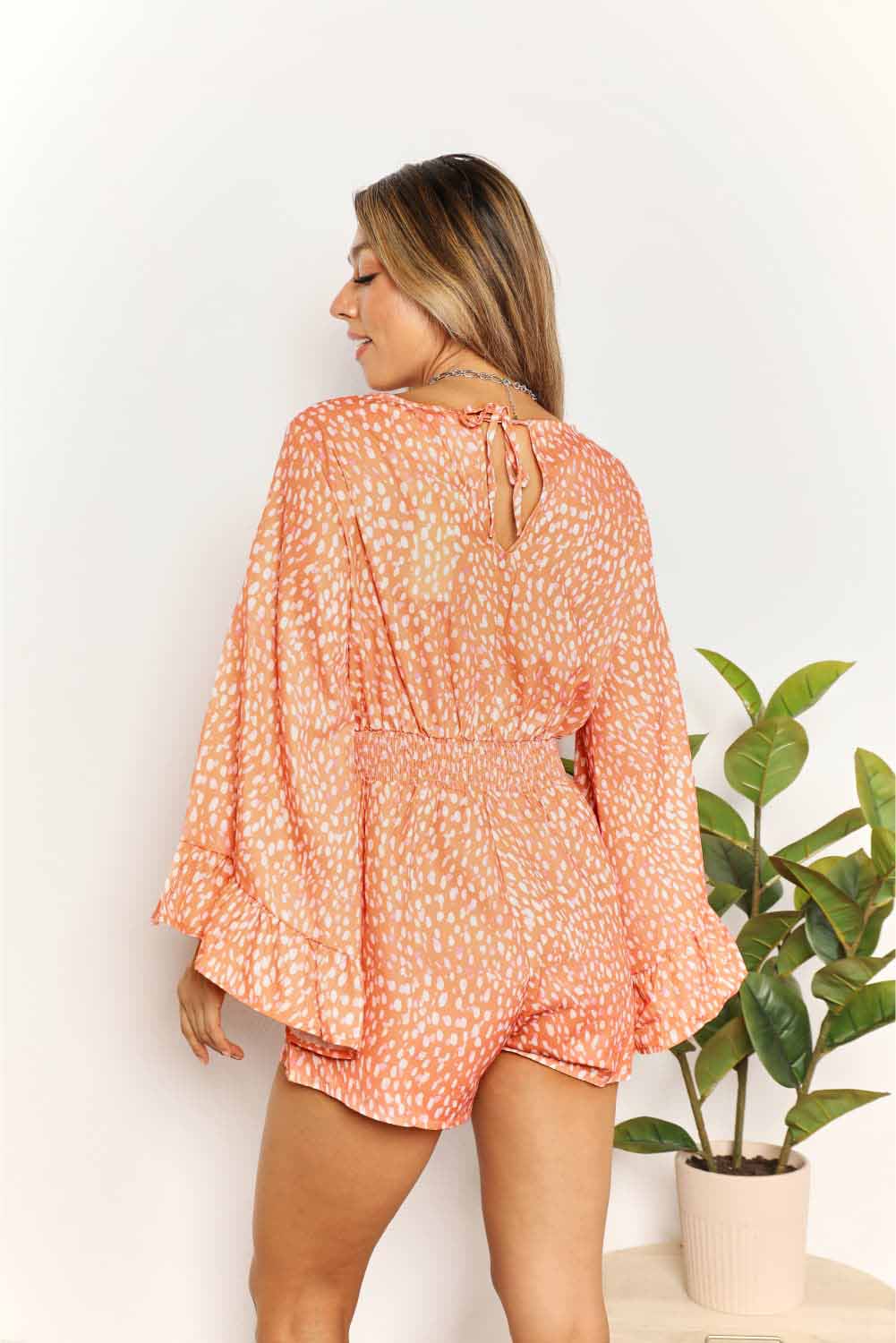 Double Take Printed Flare Sleeve Surplice Romper - Loulou Boutique