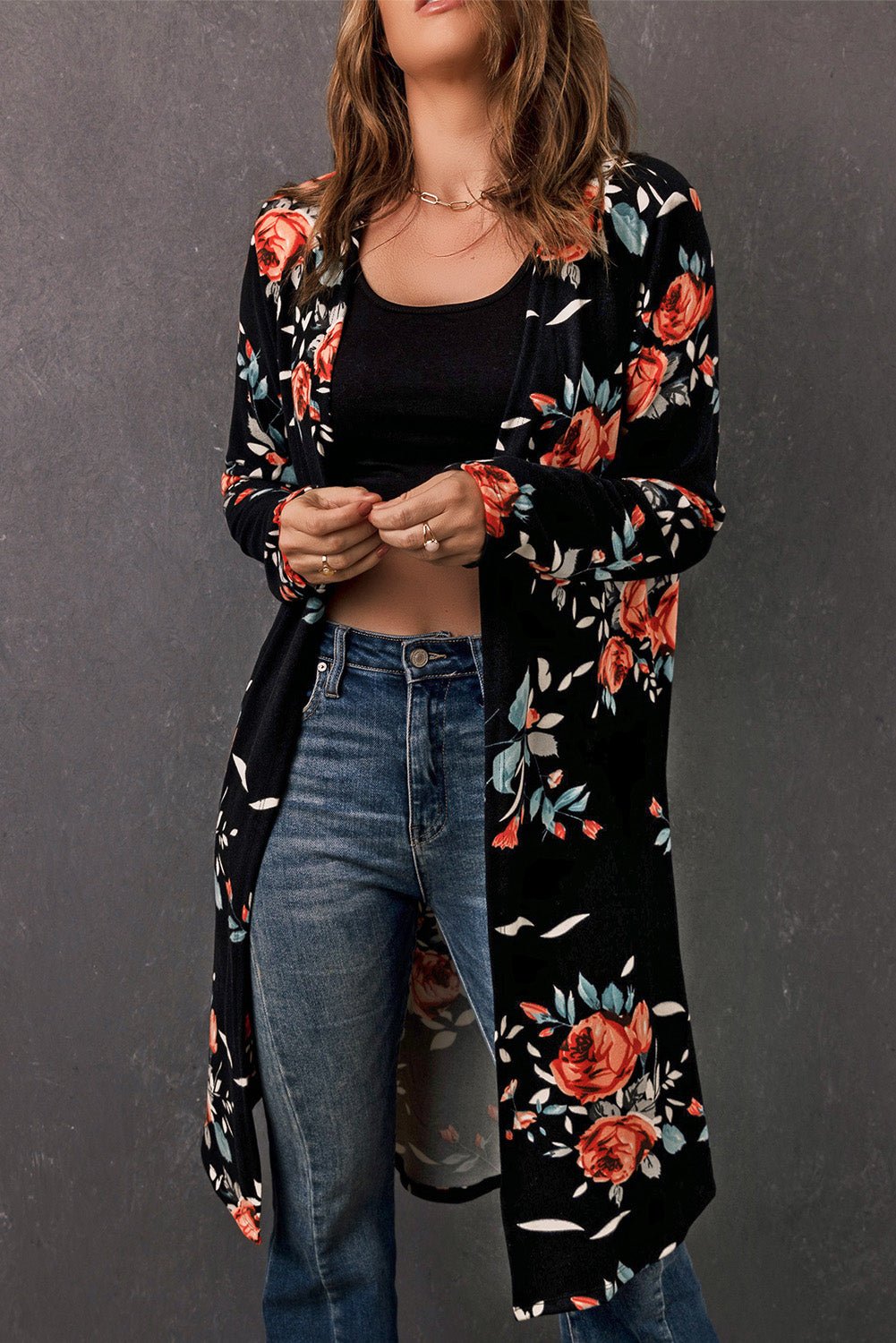 Double Take Printed Open Front Longline Cardigan - Loulou Boutique