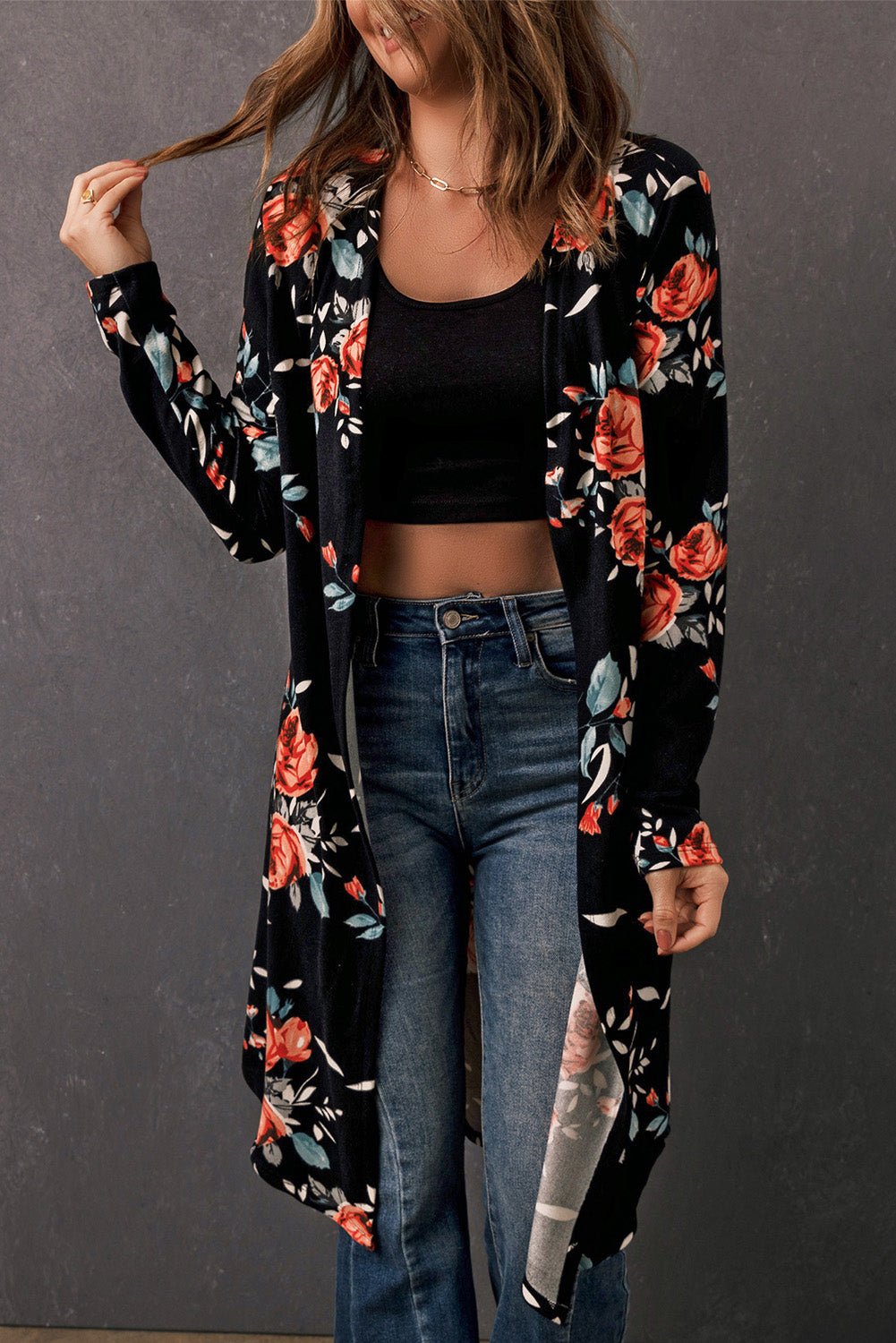 Double Take Printed Open Front Longline Cardigan - Loulou Boutique