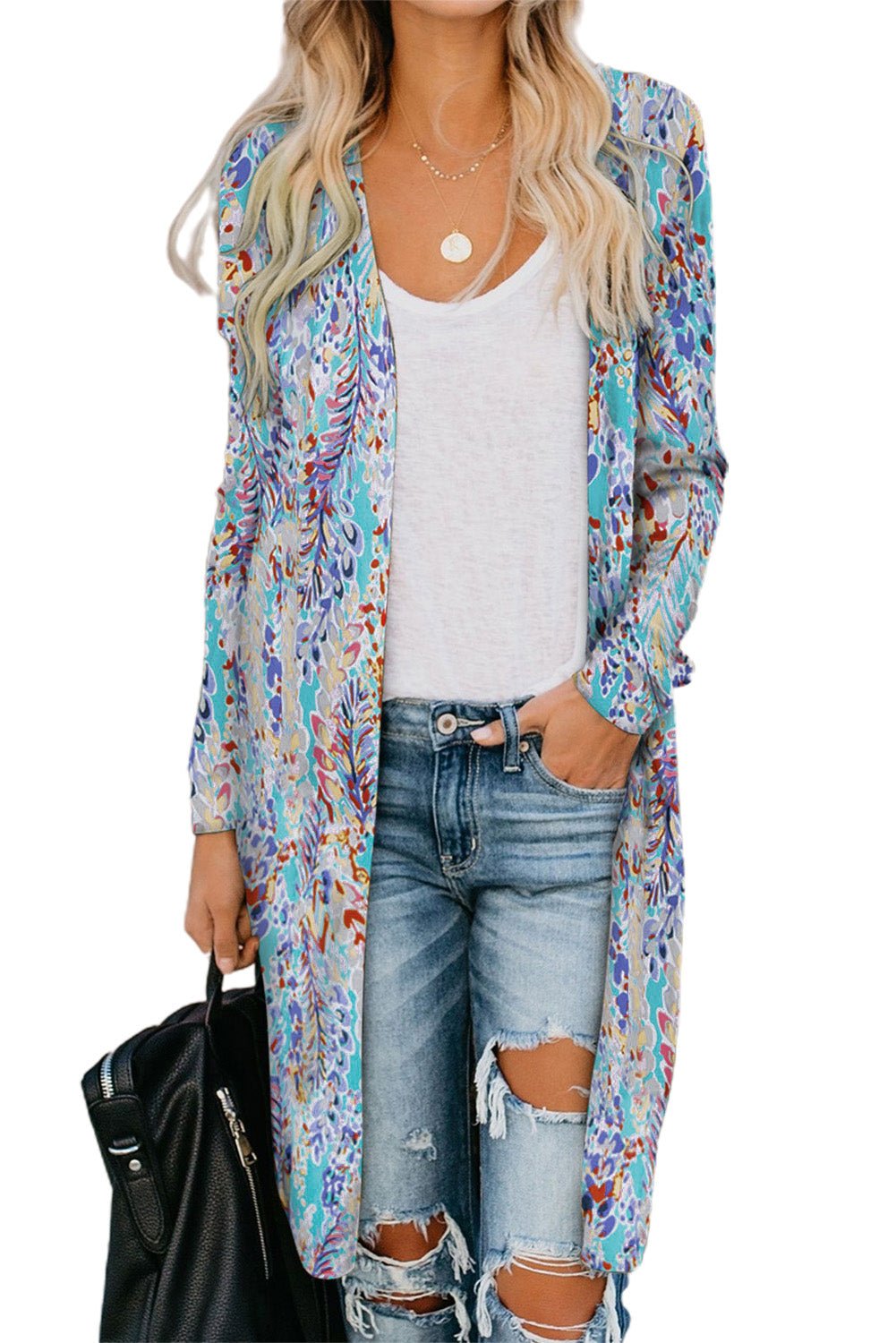 Double Take Printed Open Front Longline Cardigan - Loulou Boutique