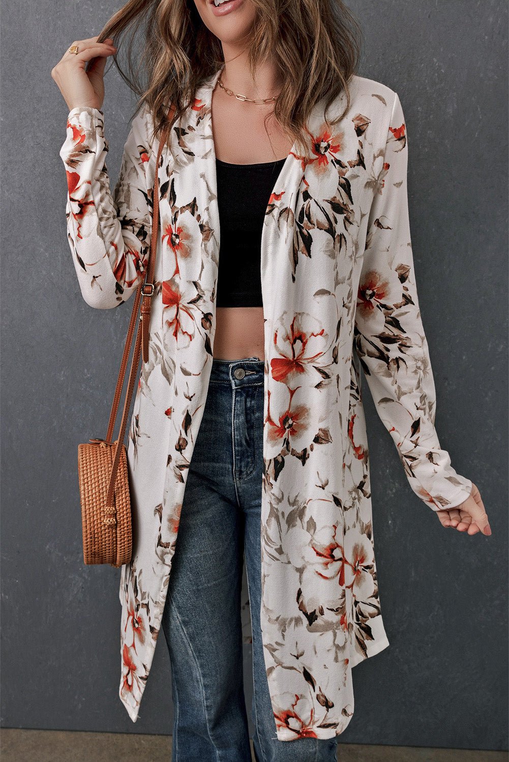 Double Take Printed Open Front Longline Cardigan - Loulou Boutique