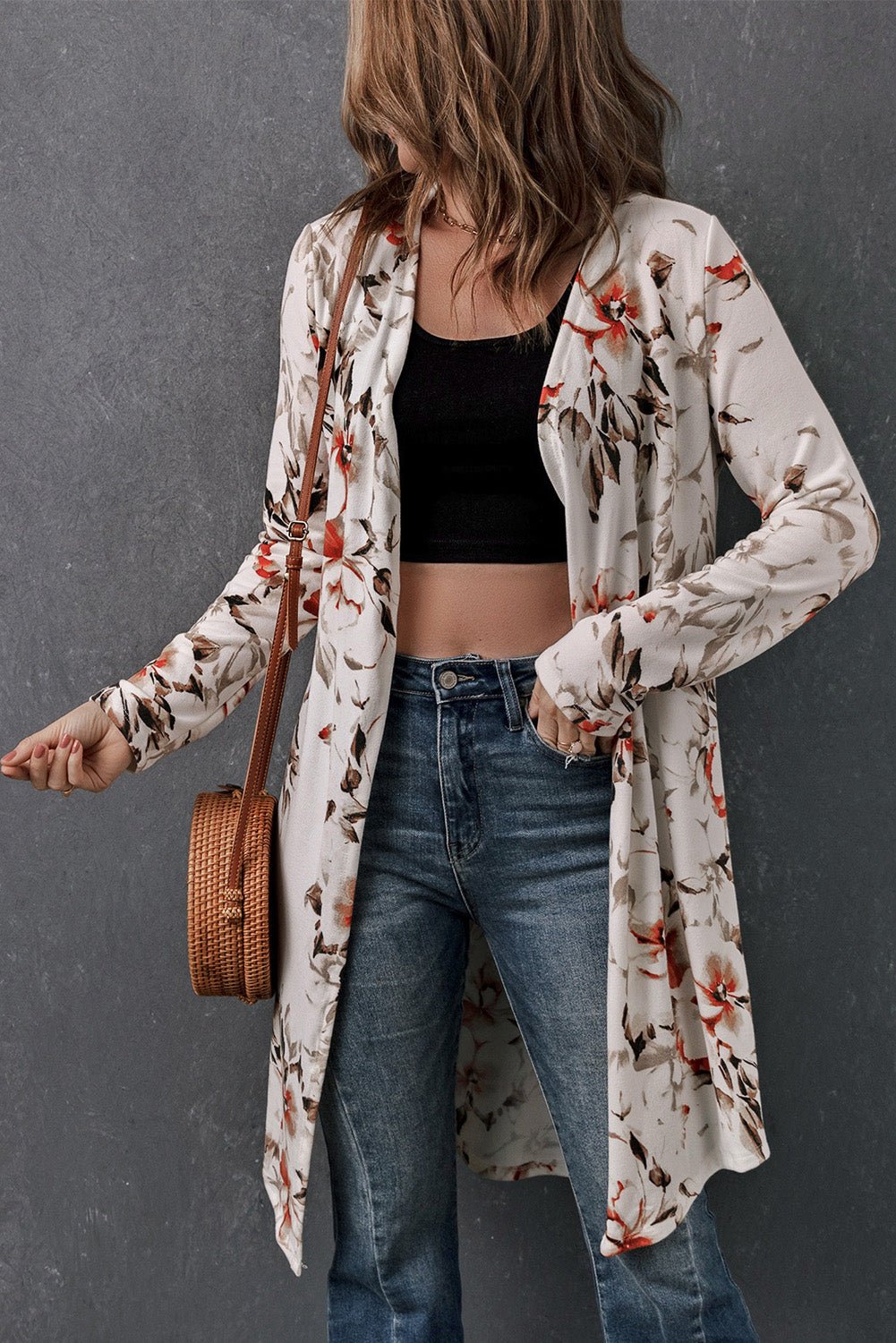 Double Take Printed Open Front Longline Cardigan - Loulou Boutique