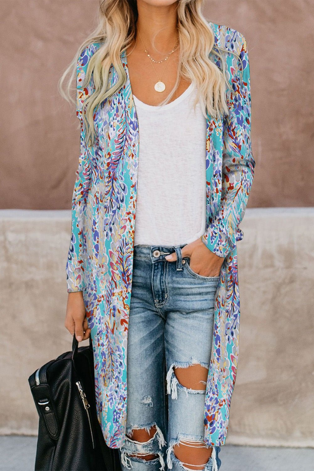 Double Take Printed Open Front Longline Cardigan - Loulou Boutique