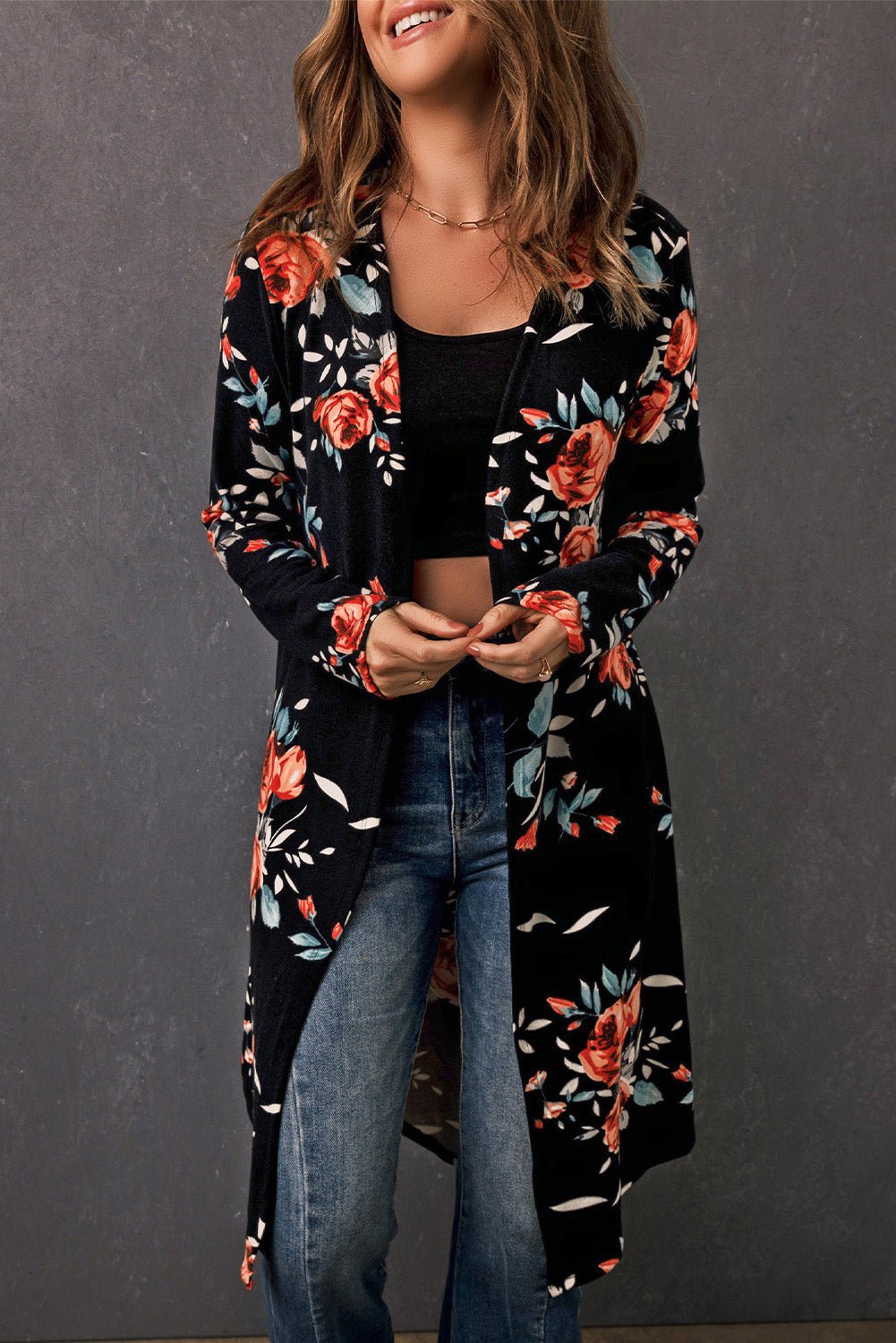 Double Take Printed Open Front Longline Cardigan - Loulou Boutique