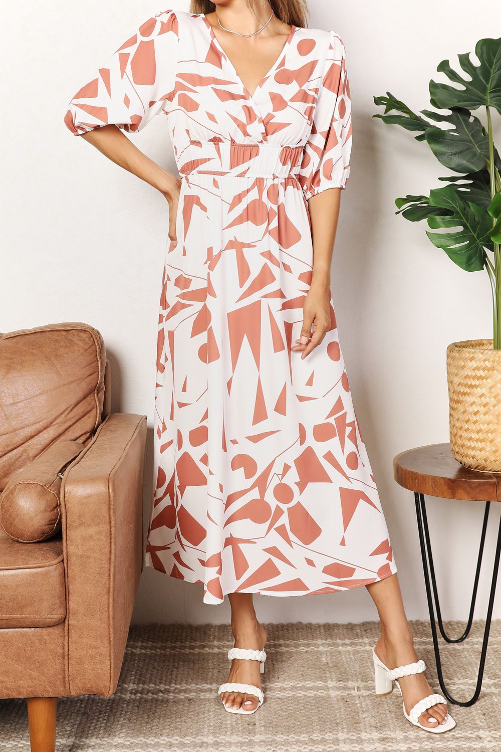 Double Take Printed Surplice Balloon Sleeve Dress - Loulou Boutique