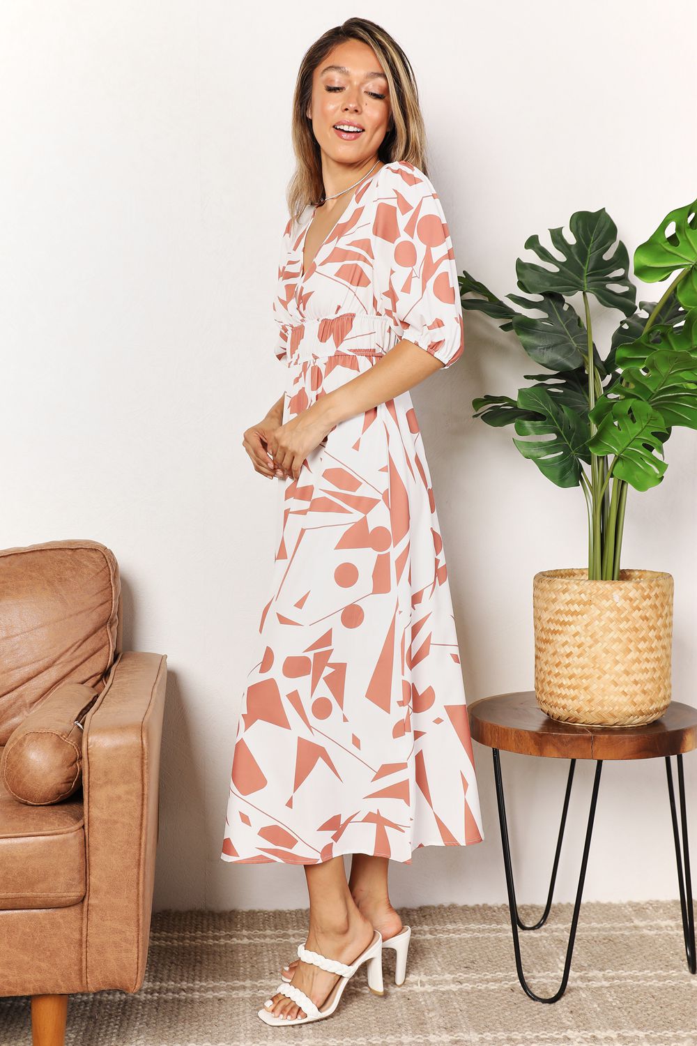 Double Take Printed Surplice Balloon Sleeve Dress - Loulou Boutique