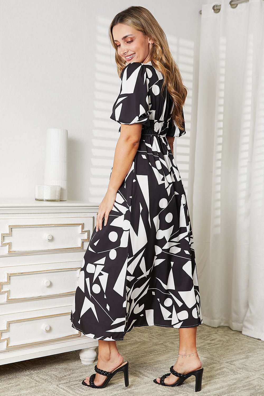 Double Take Printed Surplice Balloon Sleeve Dress - Loulou Boutique