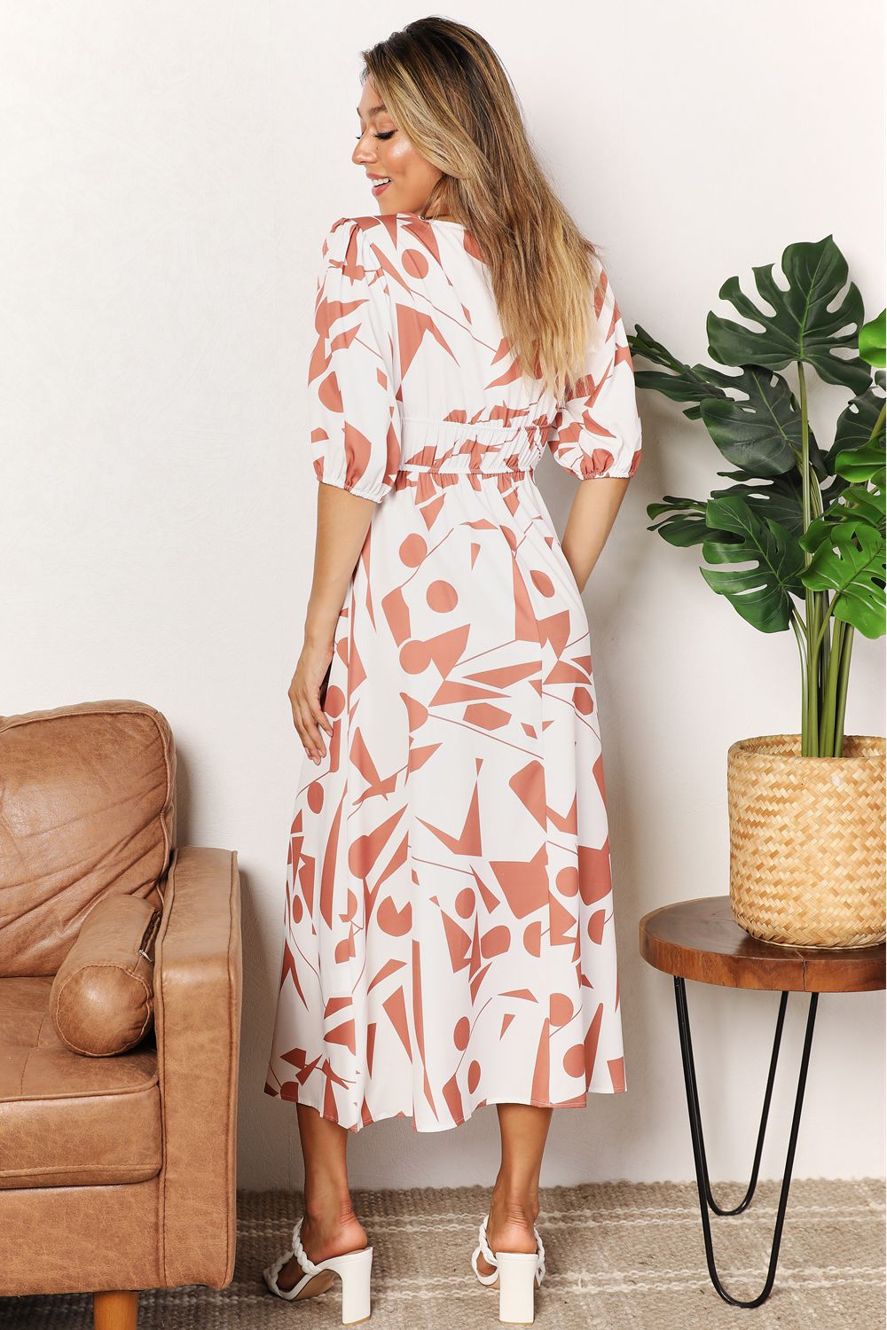 Double Take Printed Surplice Balloon Sleeve Dress - Loulou Boutique