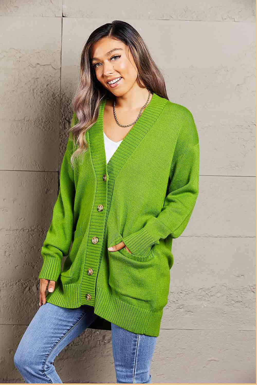 Double Take Ribbed Trim Dropped Shoulder Pocketed Cardigan - Loulou Boutique