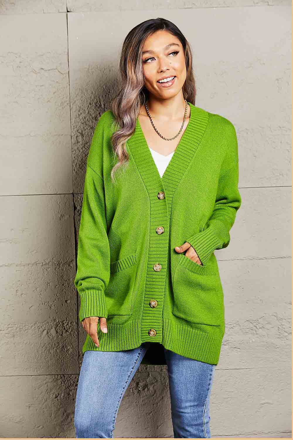 Double Take Ribbed Trim Dropped Shoulder Pocketed Cardigan - Loulou Boutique