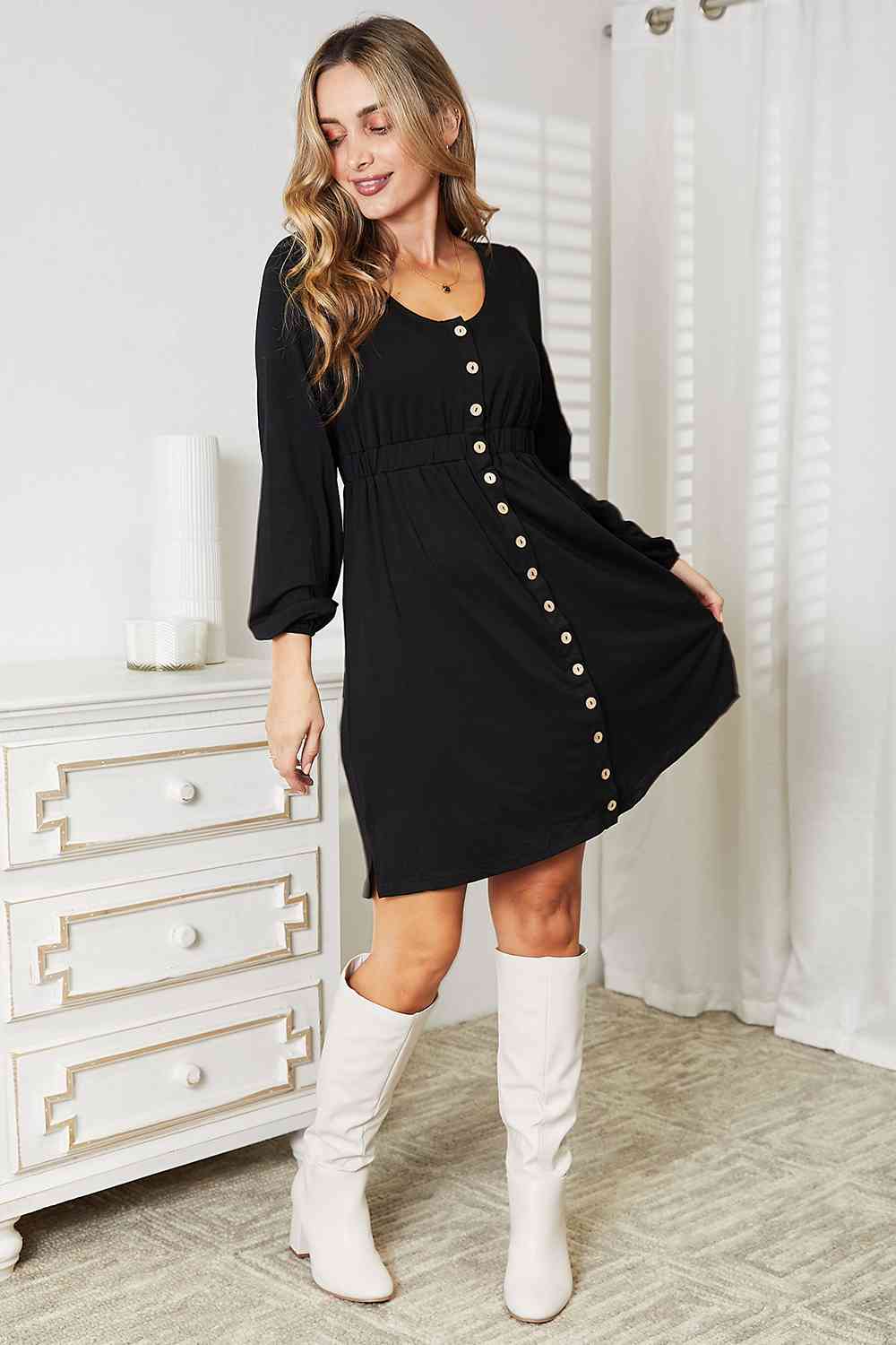 Double Take Scoop Neck Empire Waist Long Sleeve Magic Dress - Loulou Boutique