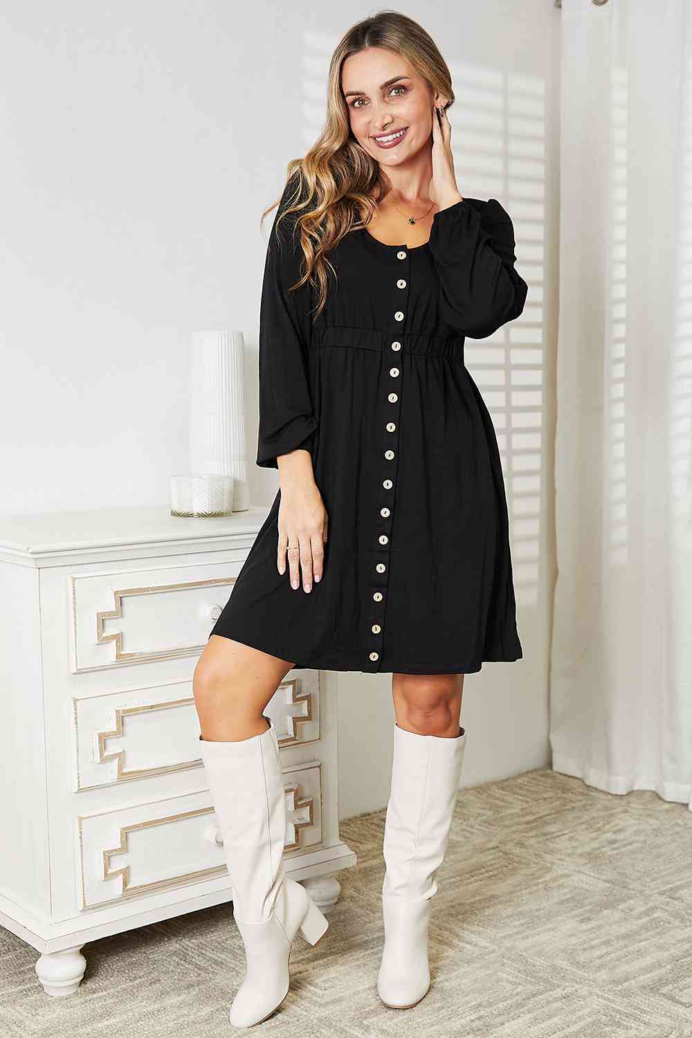 Double Take Scoop Neck Empire Waist Long Sleeve Magic Dress - Loulou Boutique