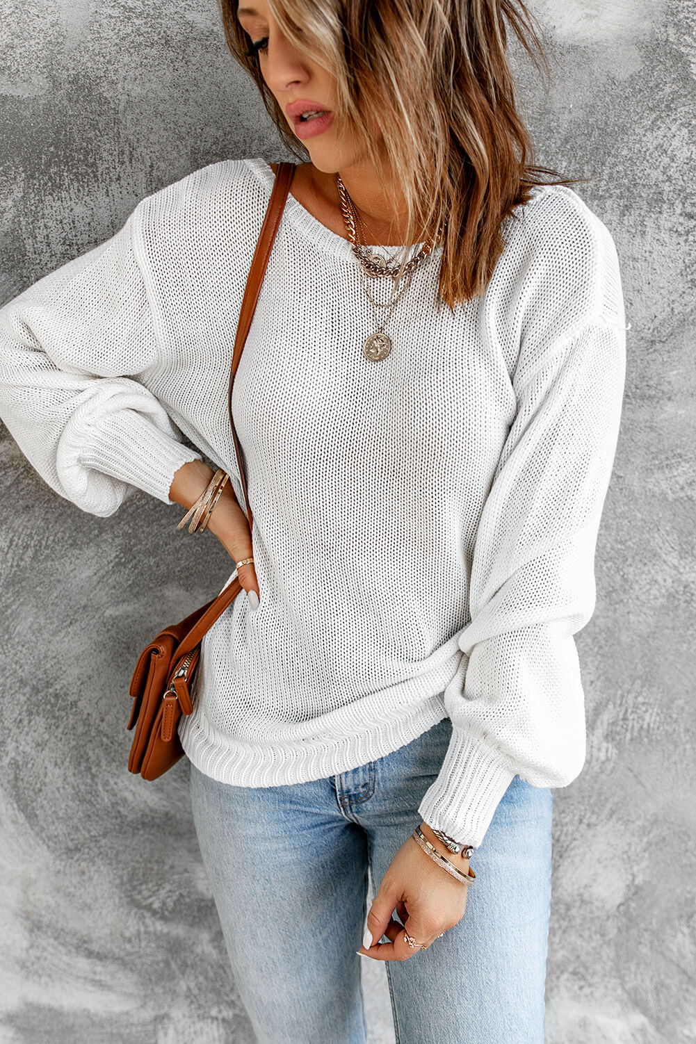 Double Take Tied Balloon Sleeve Round Neck Sweater - Loulou Boutique