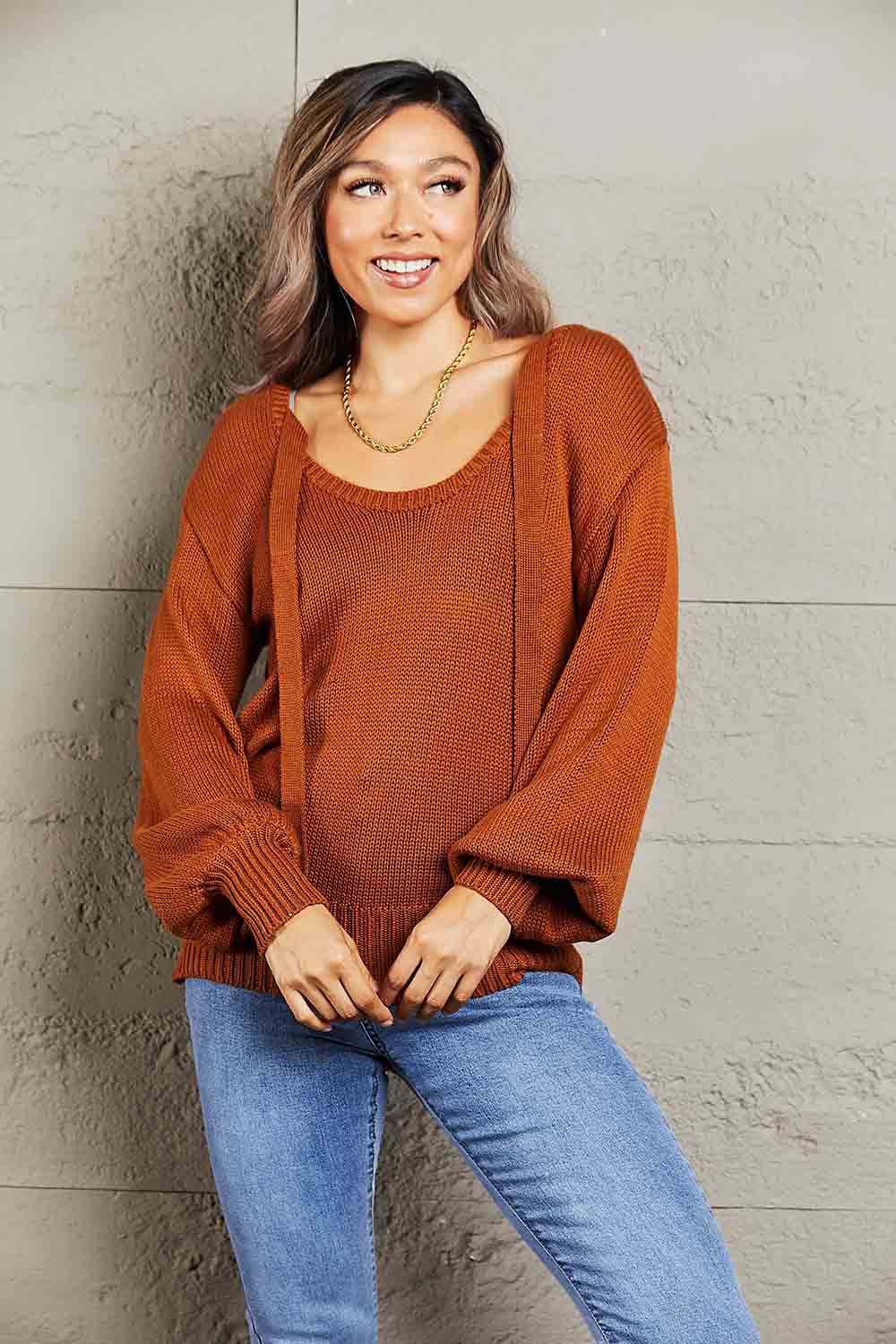 Double Take Tied Balloon Sleeve Round Neck Sweater - Loulou Boutique