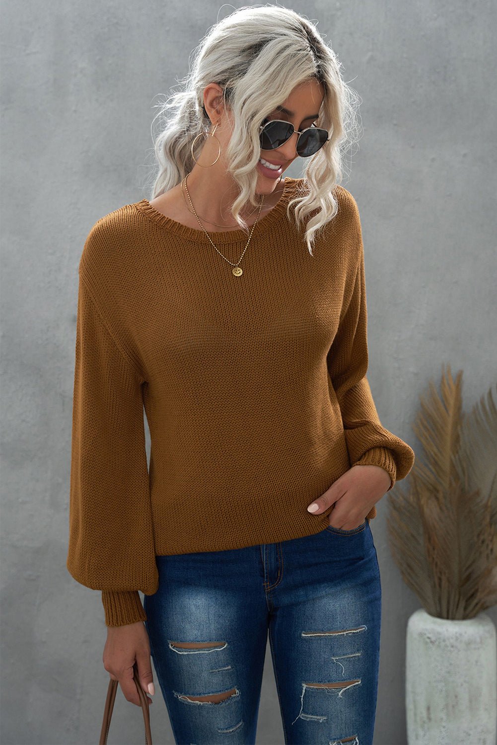 Double Take Tied Balloon Sleeve Round Neck Sweater - Loulou Boutique