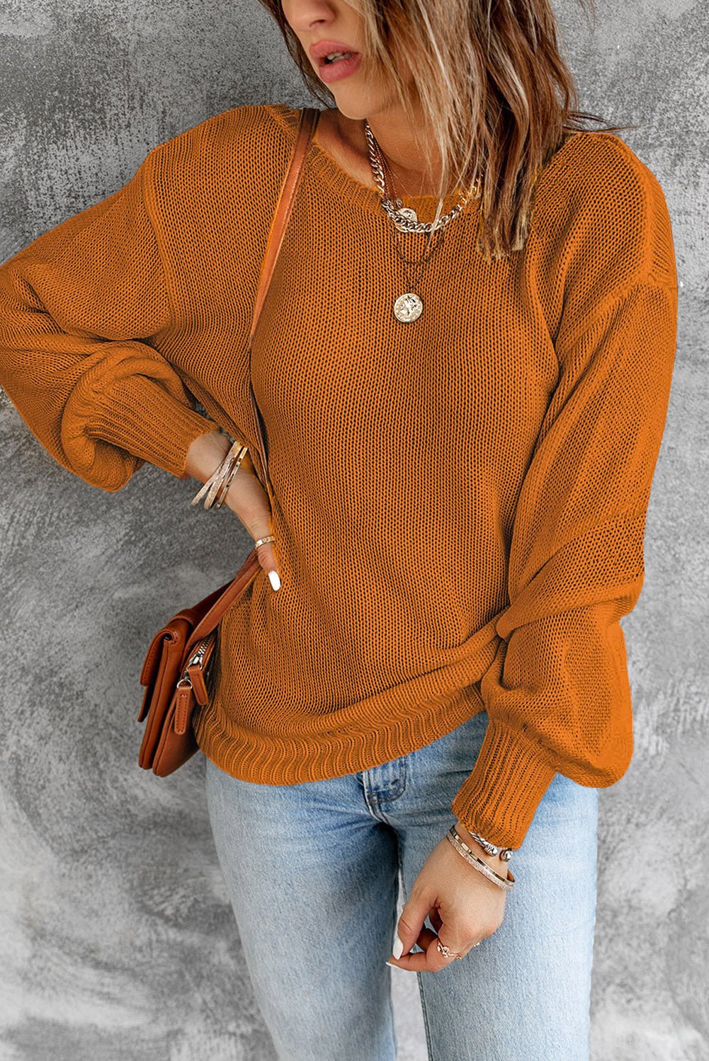 Double Take Tied Balloon Sleeve Round Neck Sweater - Loulou Boutique