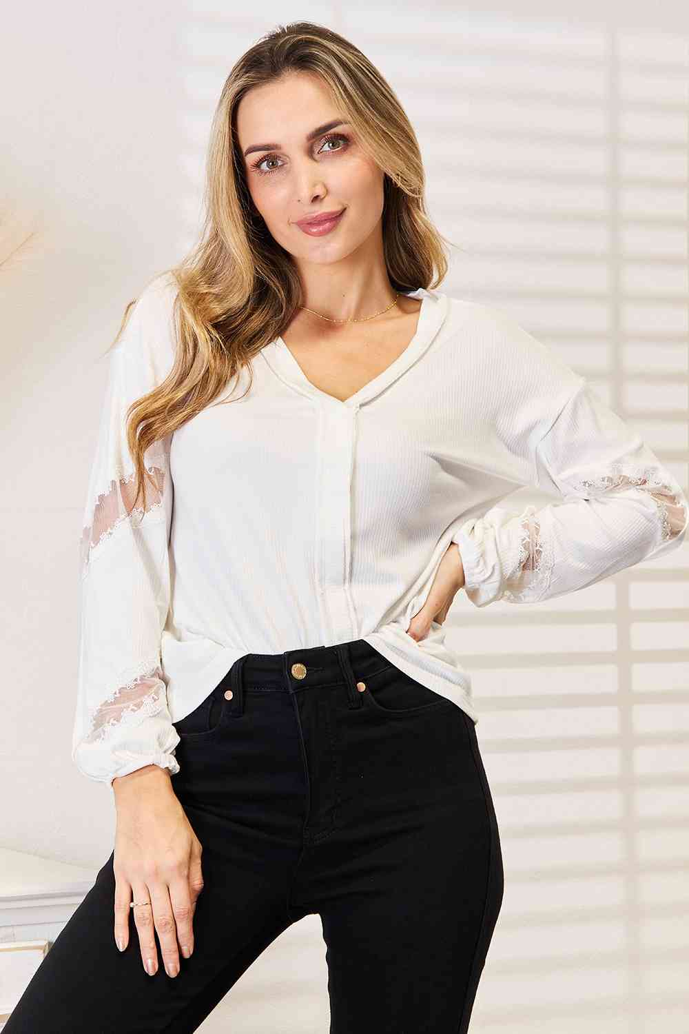 Double Take V - Neck Dropped Shoulder Blouse - Loulou Boutique