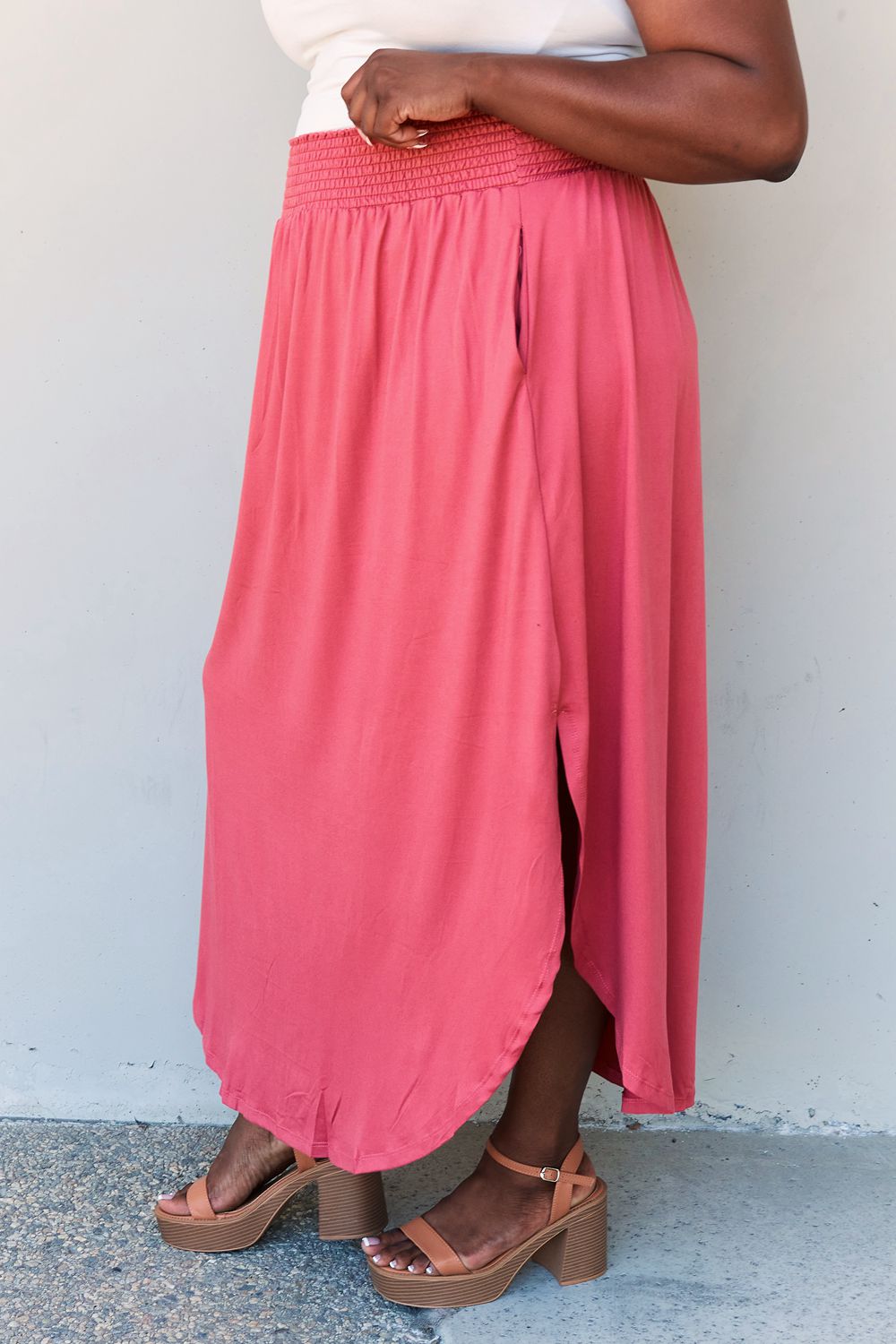 Doublju Comfort Princess Full Size High Waist Scoop Hem Maxi Skirt in Hot Pink - Loulou Boutique