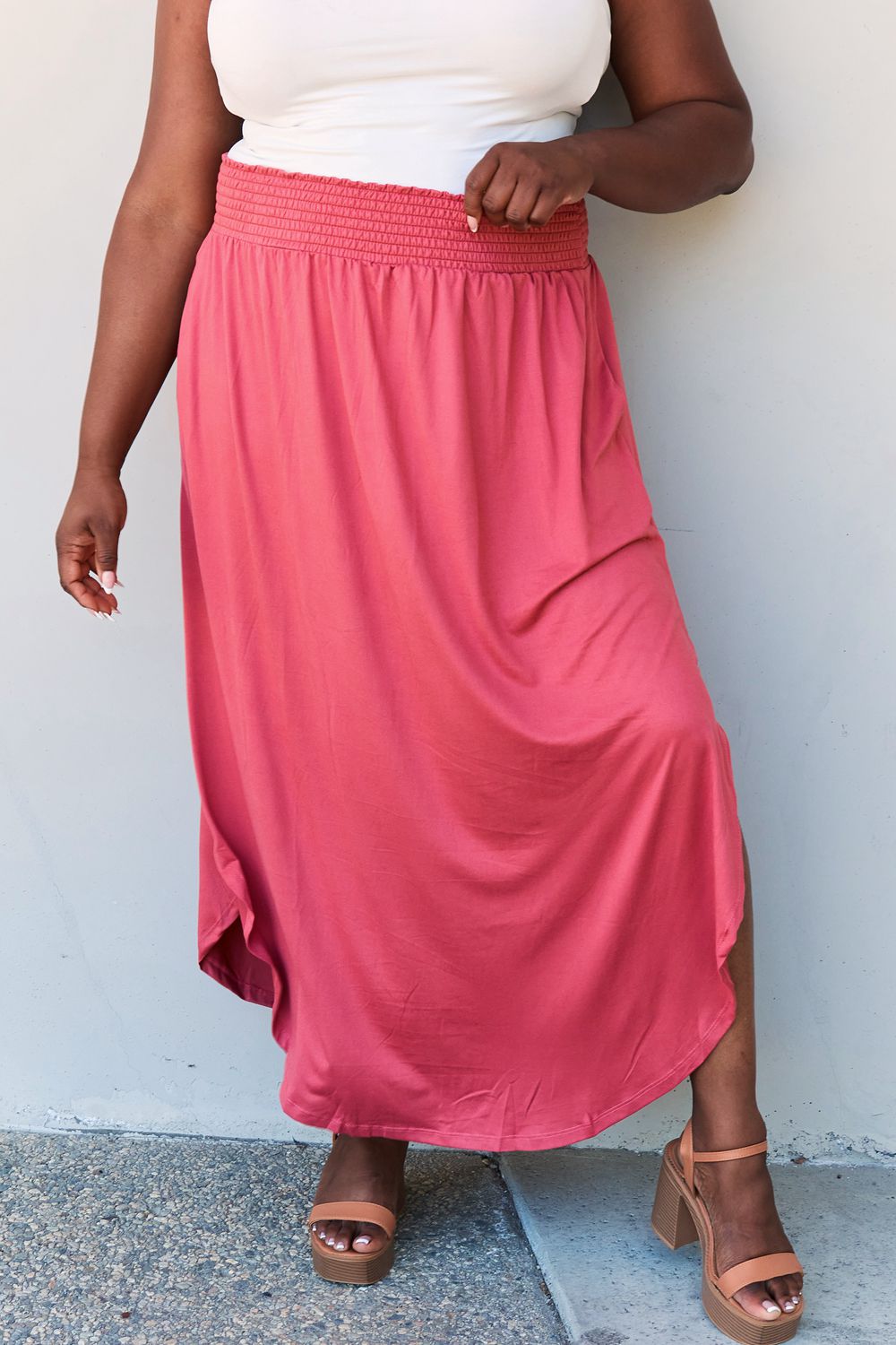 Doublju Comfort Princess Full Size High Waist Scoop Hem Maxi Skirt in Hot Pink - Loulou Boutique