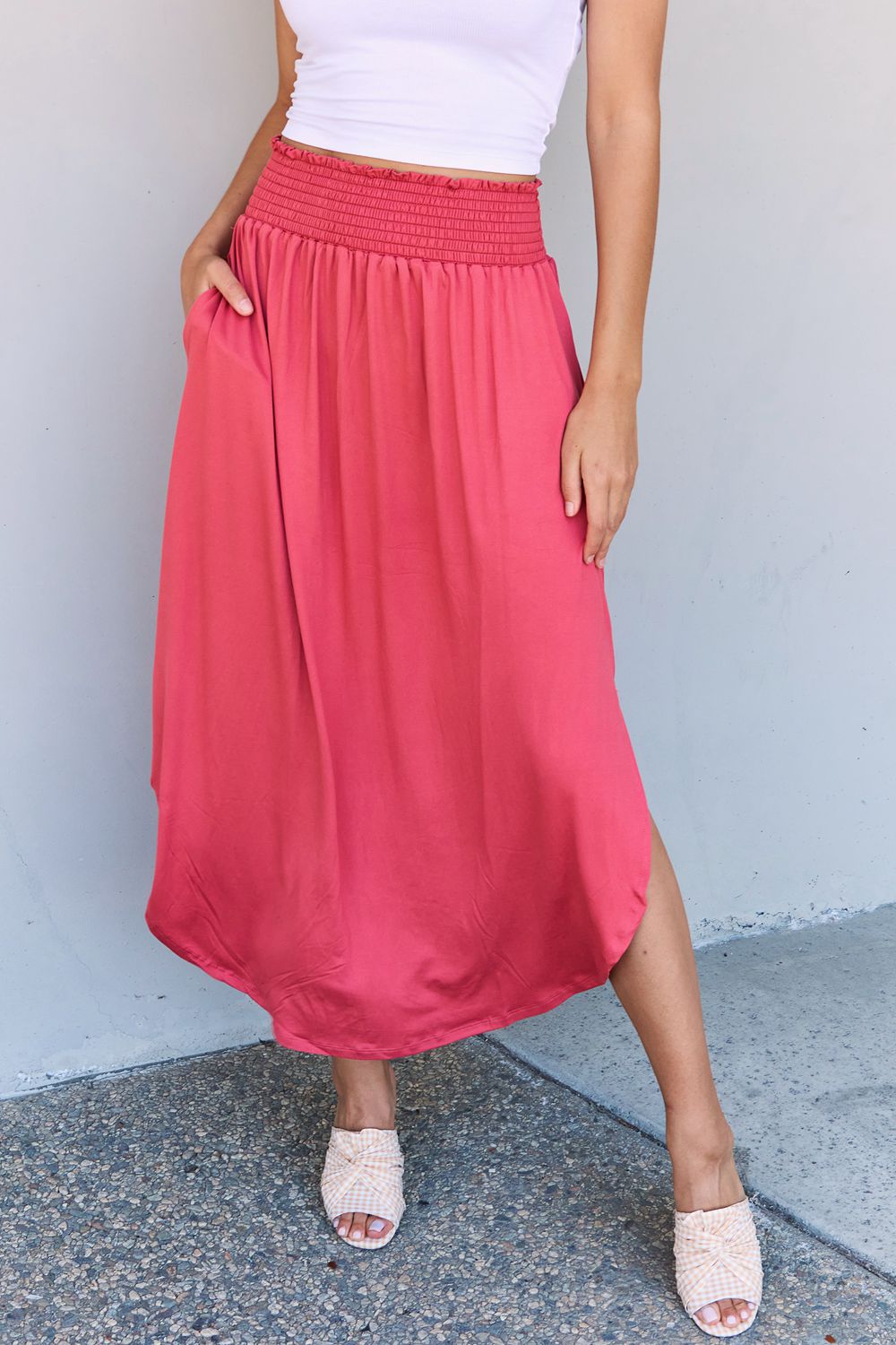 Doublju Comfort Princess Full Size High Waist Scoop Hem Maxi Skirt in Hot Pink - Loulou Boutique