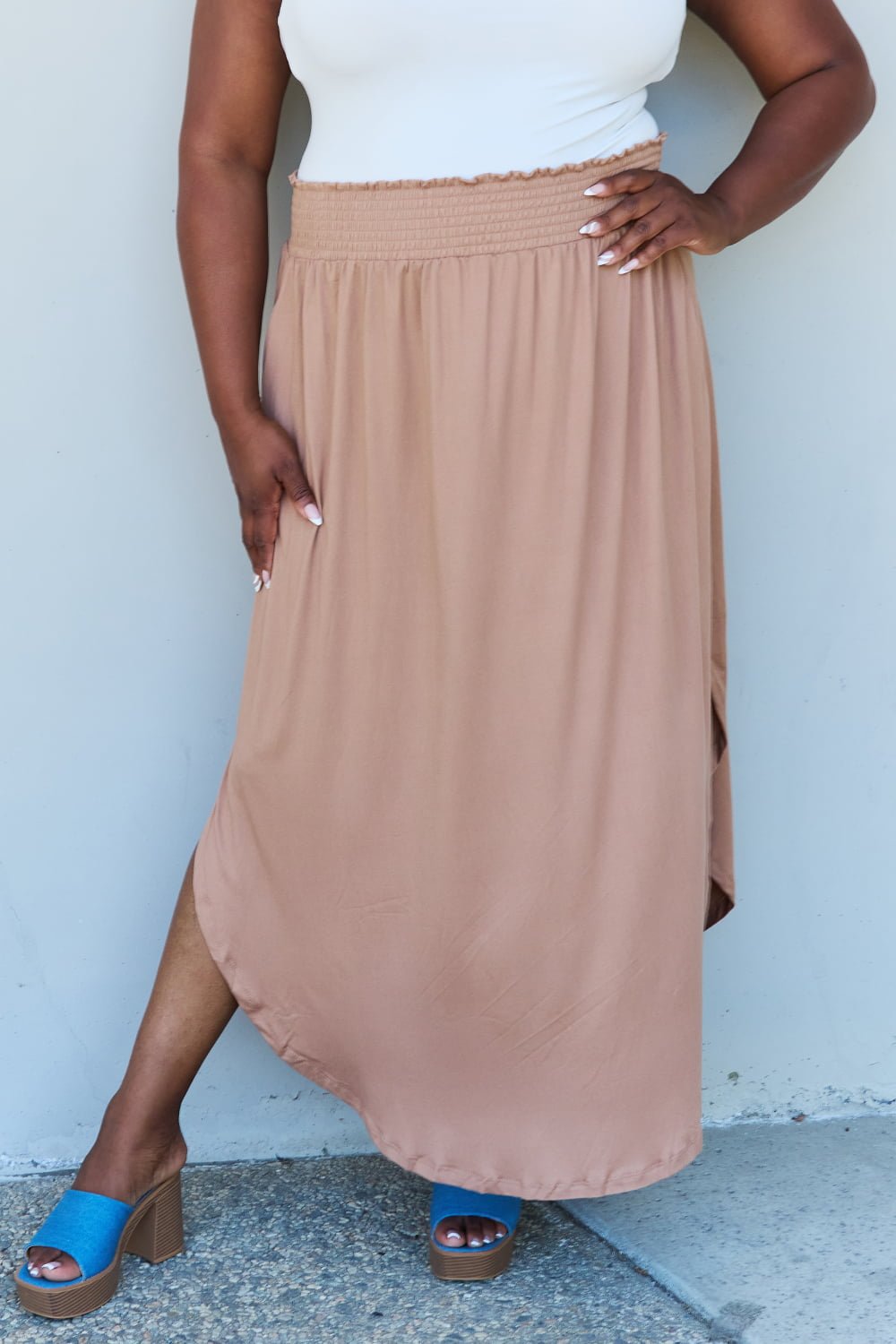 Doublju Comfort Princess Full Size High Waist Scoop Hem Maxi Skirt in Tan - Loulou Boutique