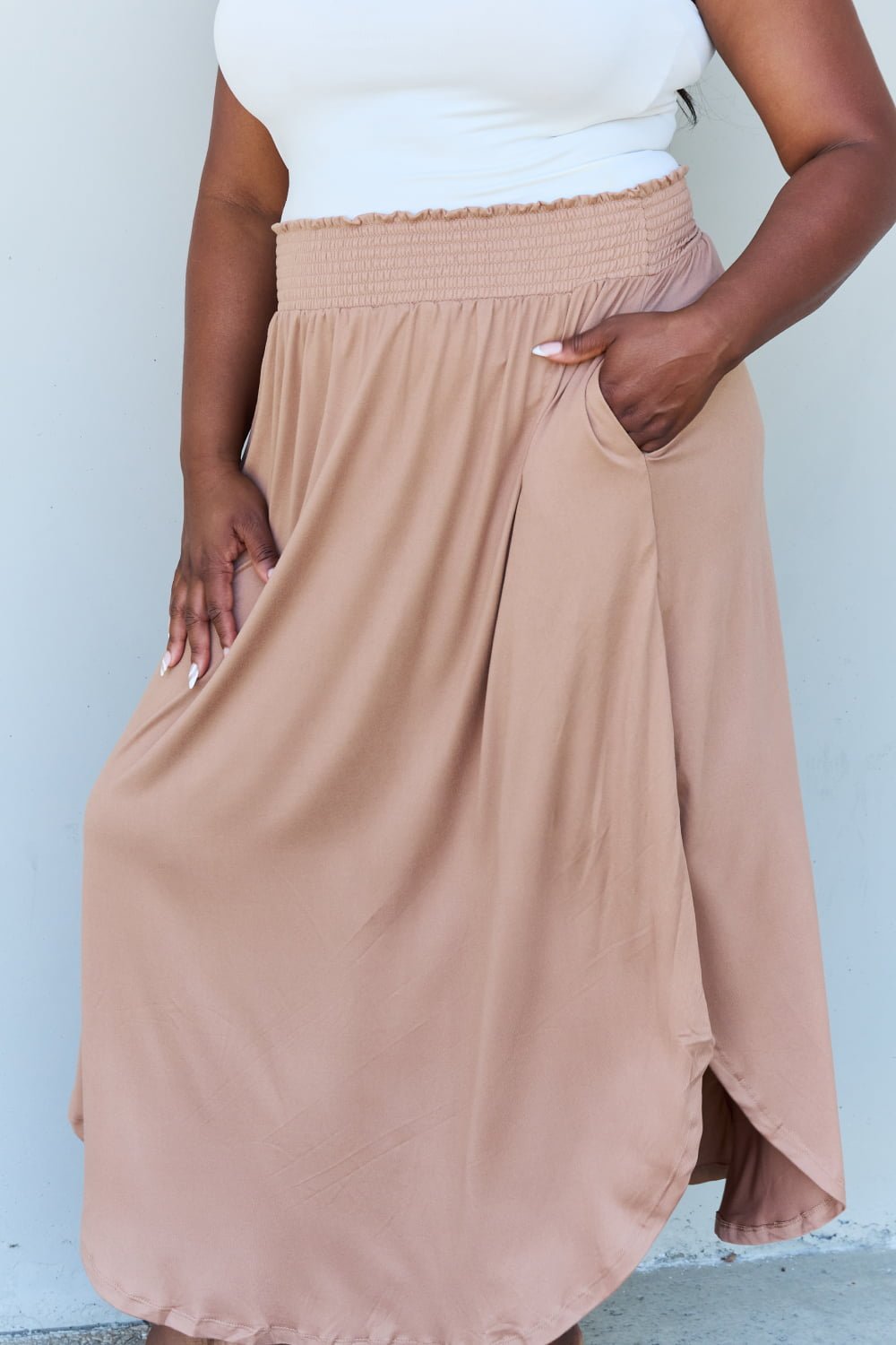 Doublju Comfort Princess Full Size High Waist Scoop Hem Maxi Skirt in Tan - Loulou Boutique