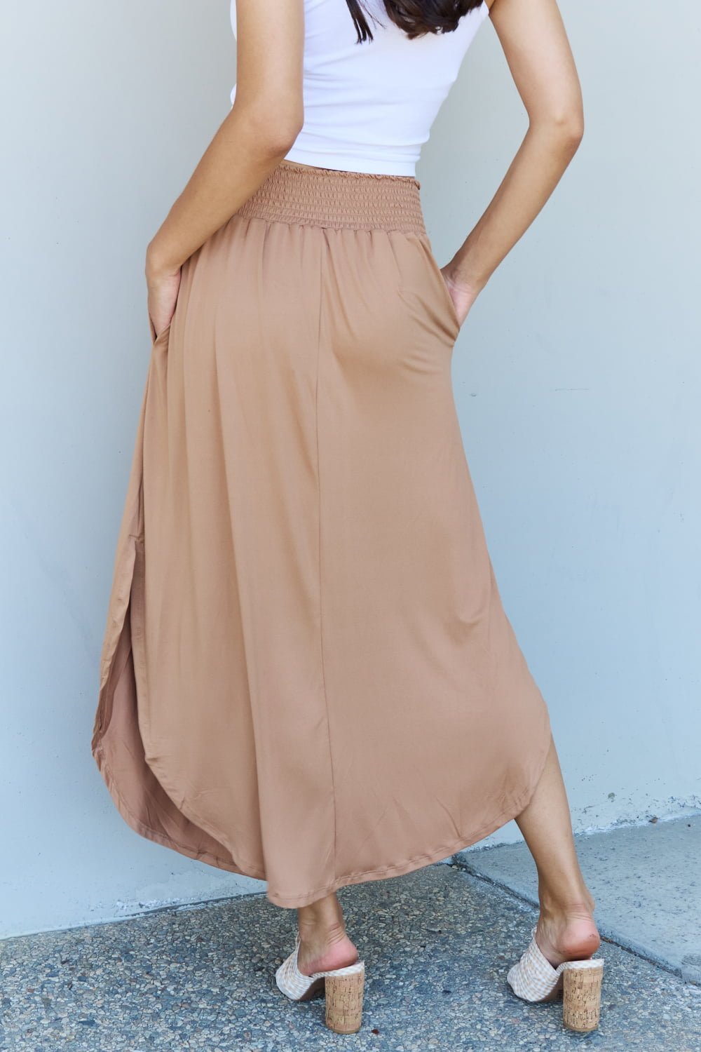 Doublju Comfort Princess Full Size High Waist Scoop Hem Maxi Skirt in Tan - Loulou Boutique