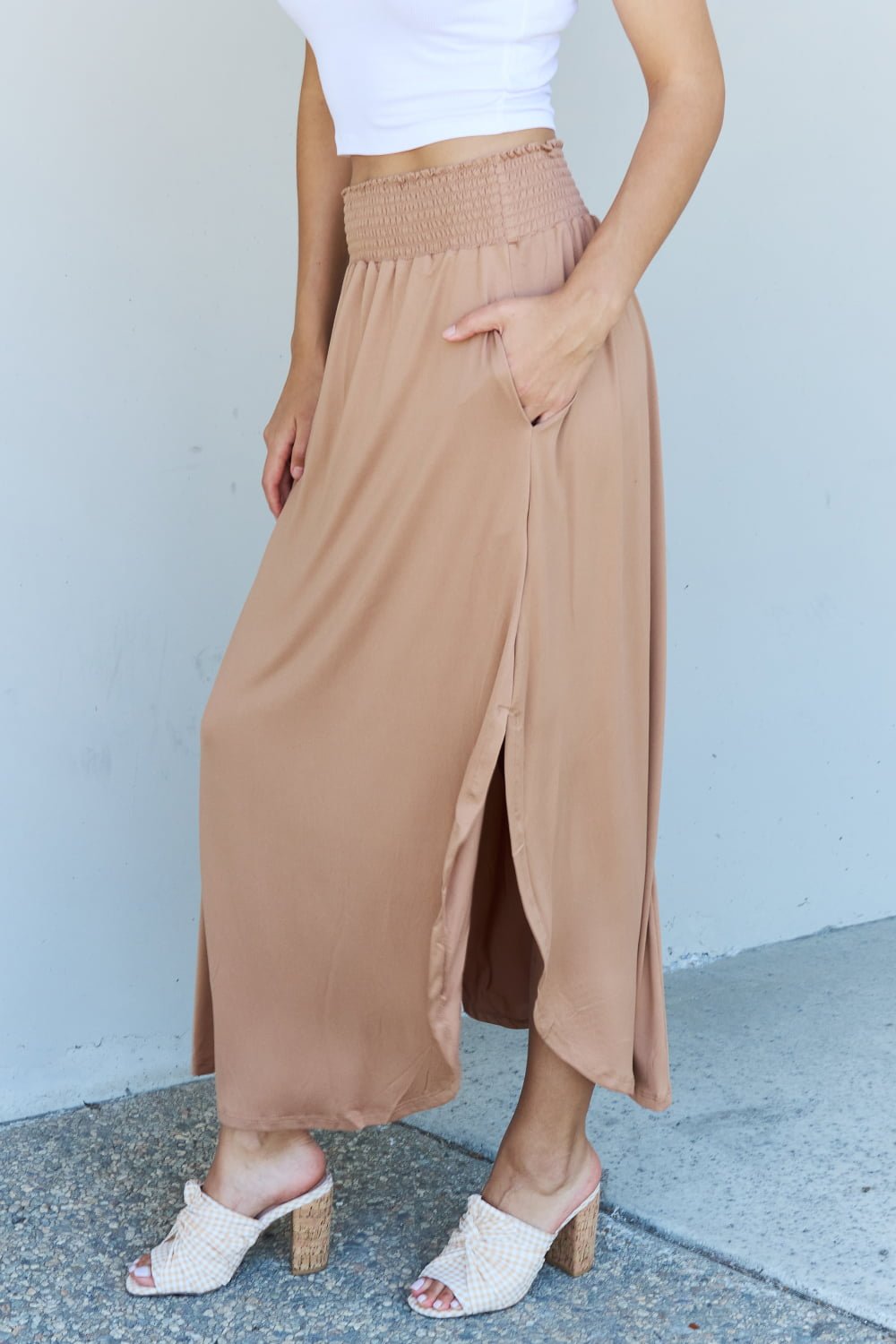 Doublju Comfort Princess Full Size High Waist Scoop Hem Maxi Skirt in Tan - Loulou Boutique