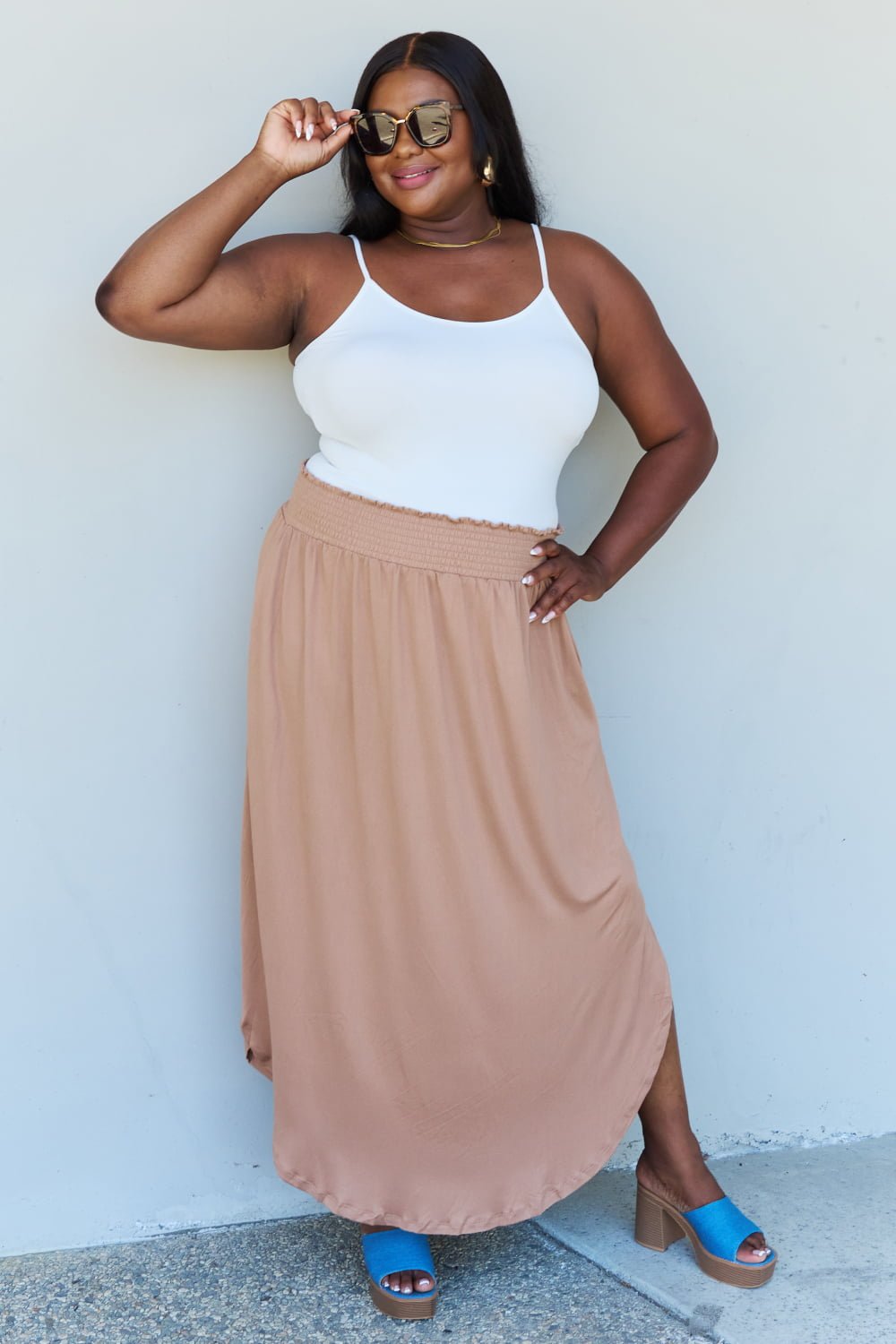 Doublju Comfort Princess Full Size High Waist Scoop Hem Maxi Skirt in Tan - Loulou Boutique