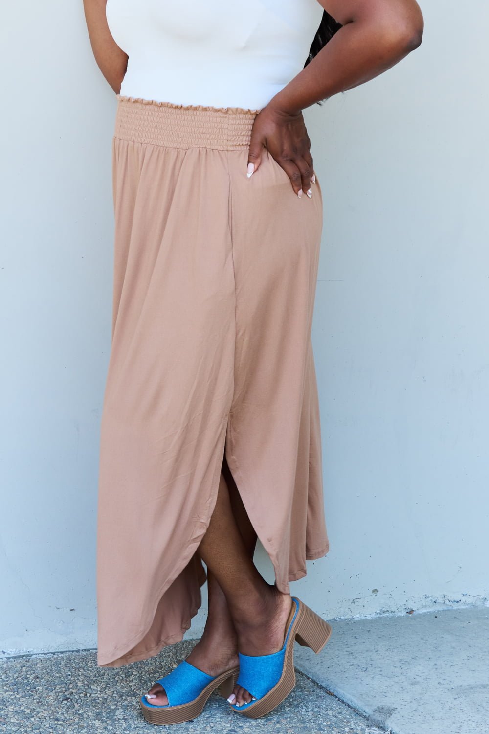 Doublju Comfort Princess Full Size High Waist Scoop Hem Maxi Skirt in Tan - Loulou Boutique