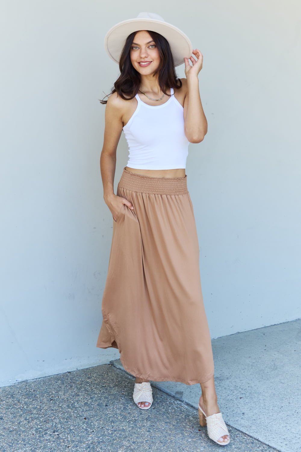 Doublju Comfort Princess Full Size High Waist Scoop Hem Maxi Skirt in Tan - Loulou Boutique