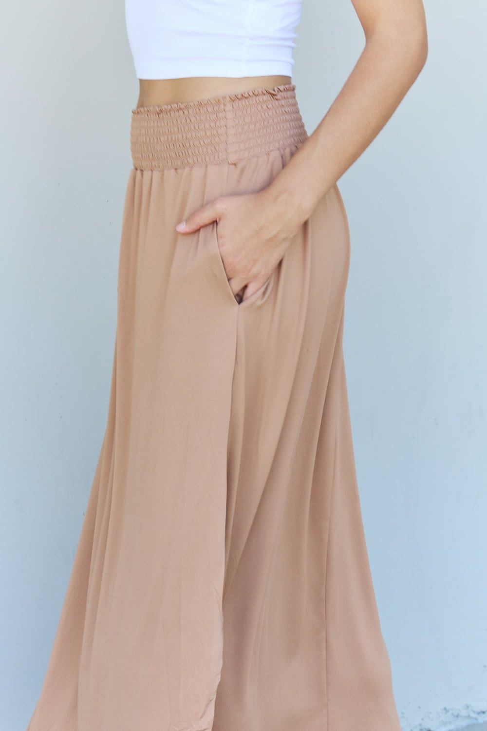 Doublju Comfort Princess Full Size High Waist Scoop Hem Maxi Skirt in Tan - Loulou Boutique