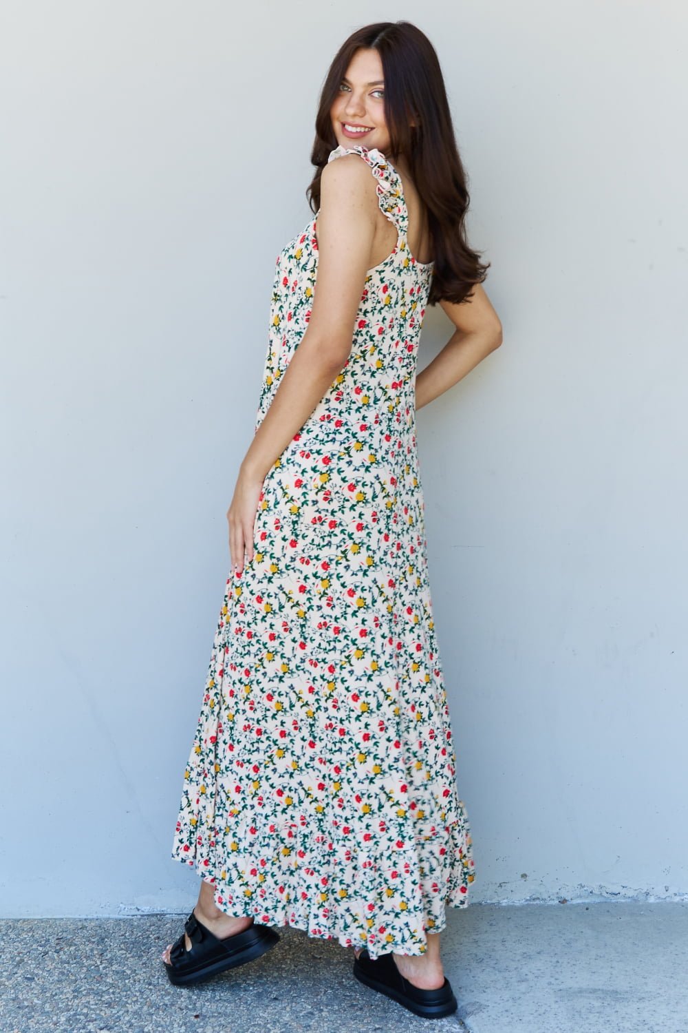 Doublju In The Garden Ruffle Floral Maxi Dress in Natural Rose - Loulou Boutique