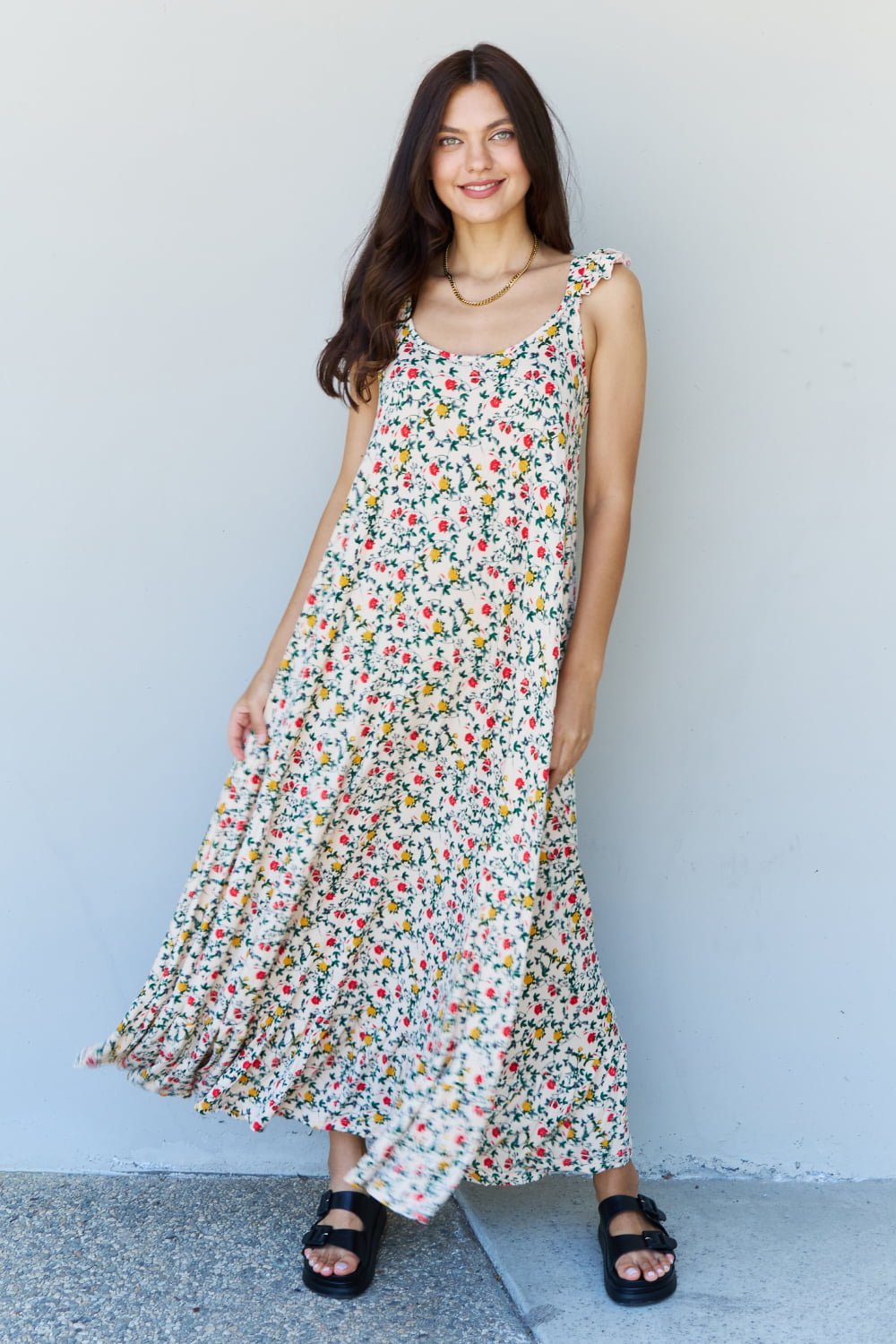 Doublju In The Garden Ruffle Floral Maxi Dress in Natural Rose - Loulou Boutique