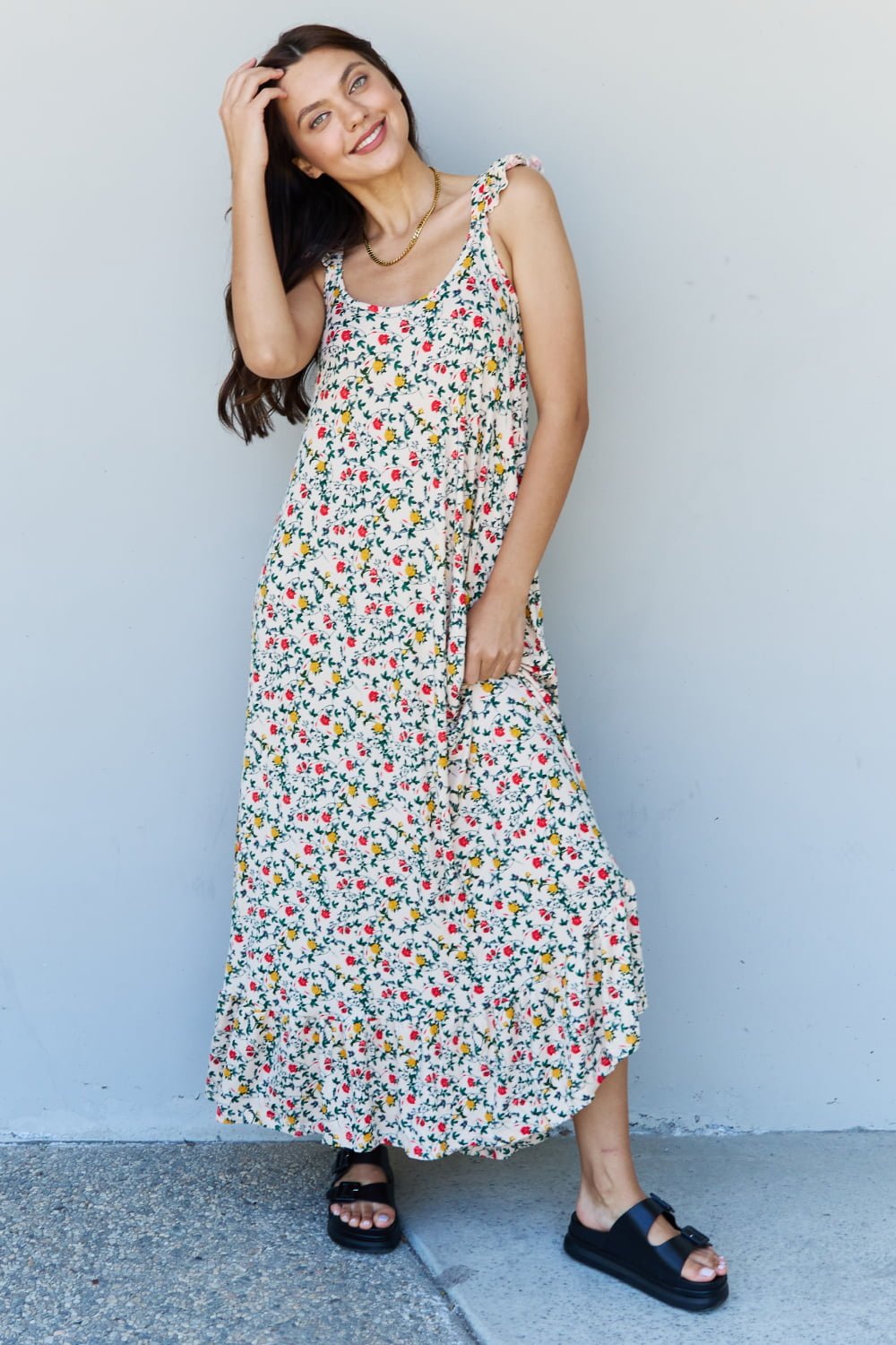 Doublju In The Garden Ruffle Floral Maxi Dress in Natural Rose - Loulou Boutique