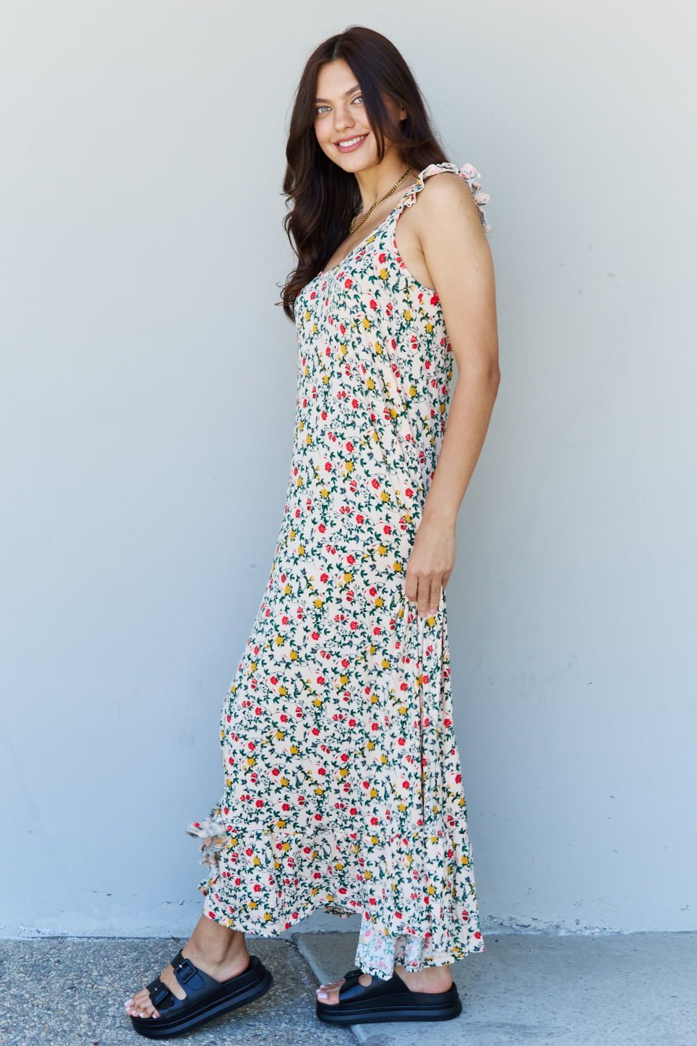 Doublju In The Garden Ruffle Floral Maxi Dress in Natural Rose - Loulou Boutique