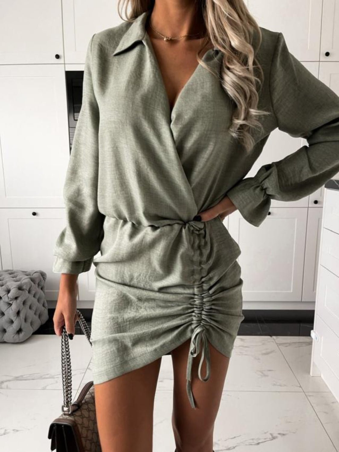 Drawstring Long Sleeve Mini Dress - Loulou Boutique