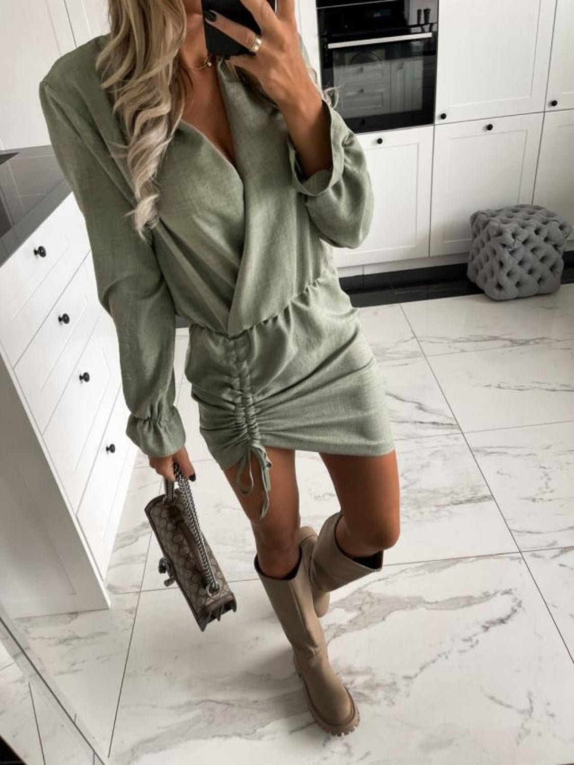 Drawstring Long Sleeve Mini Dress - Loulou Boutique