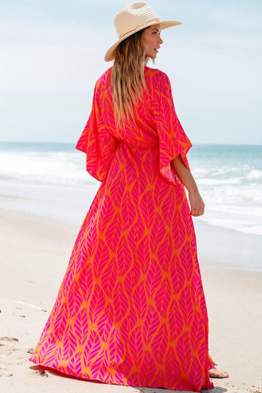 Drawstring Printed V - Neck Maxi Dress - Loulou Boutique