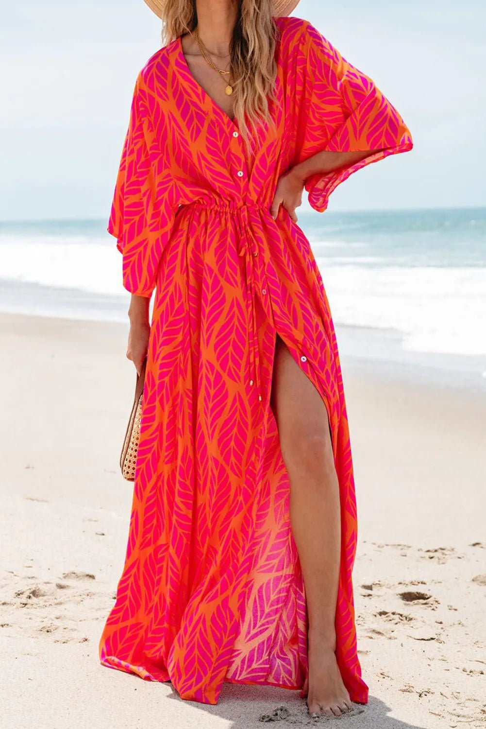 Drawstring Printed V - Neck Maxi Dress - Loulou Boutique