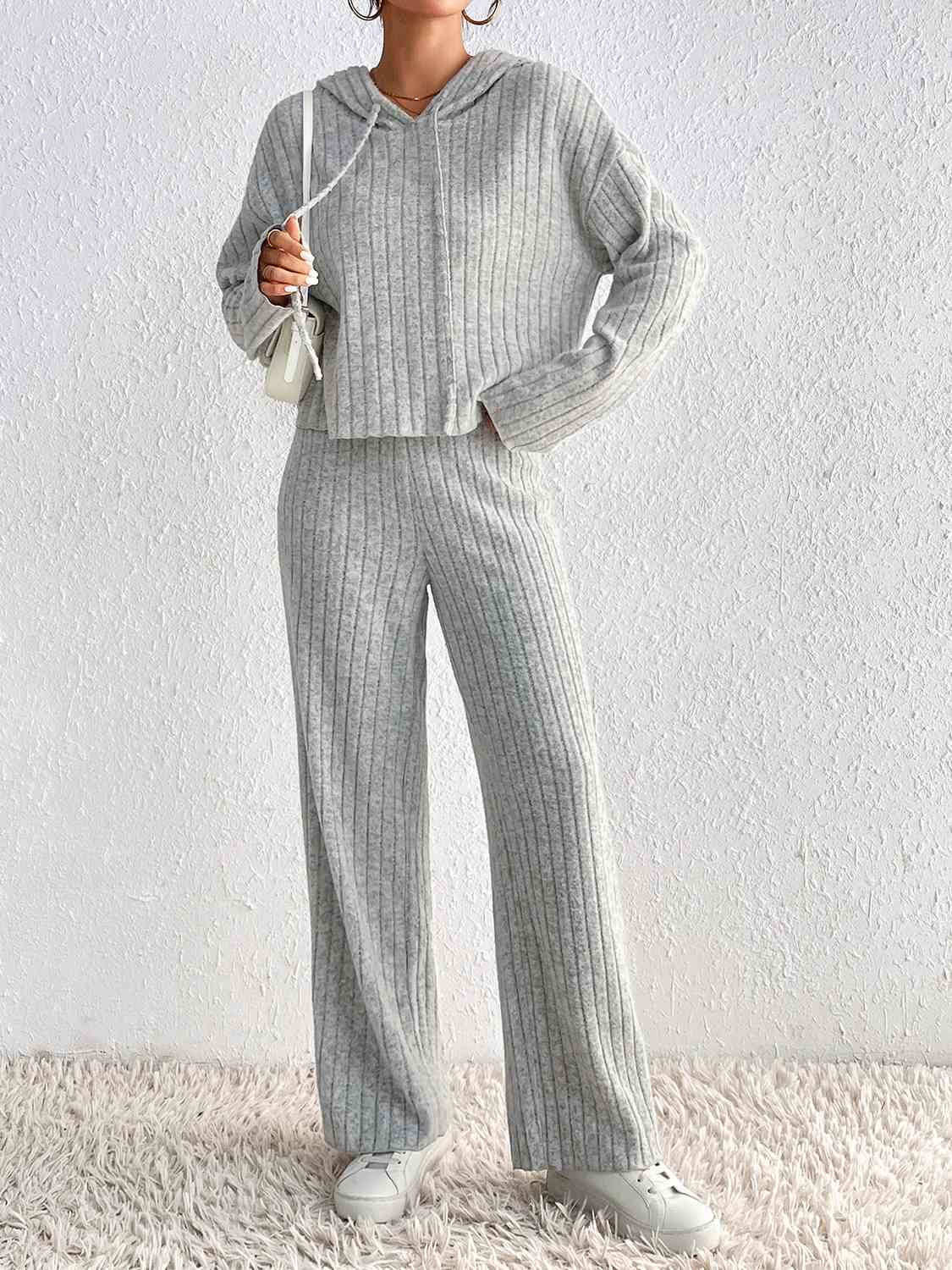 Drawstring Ribbed Hoodie and Straight Leg Pants Set - Loulou Boutique