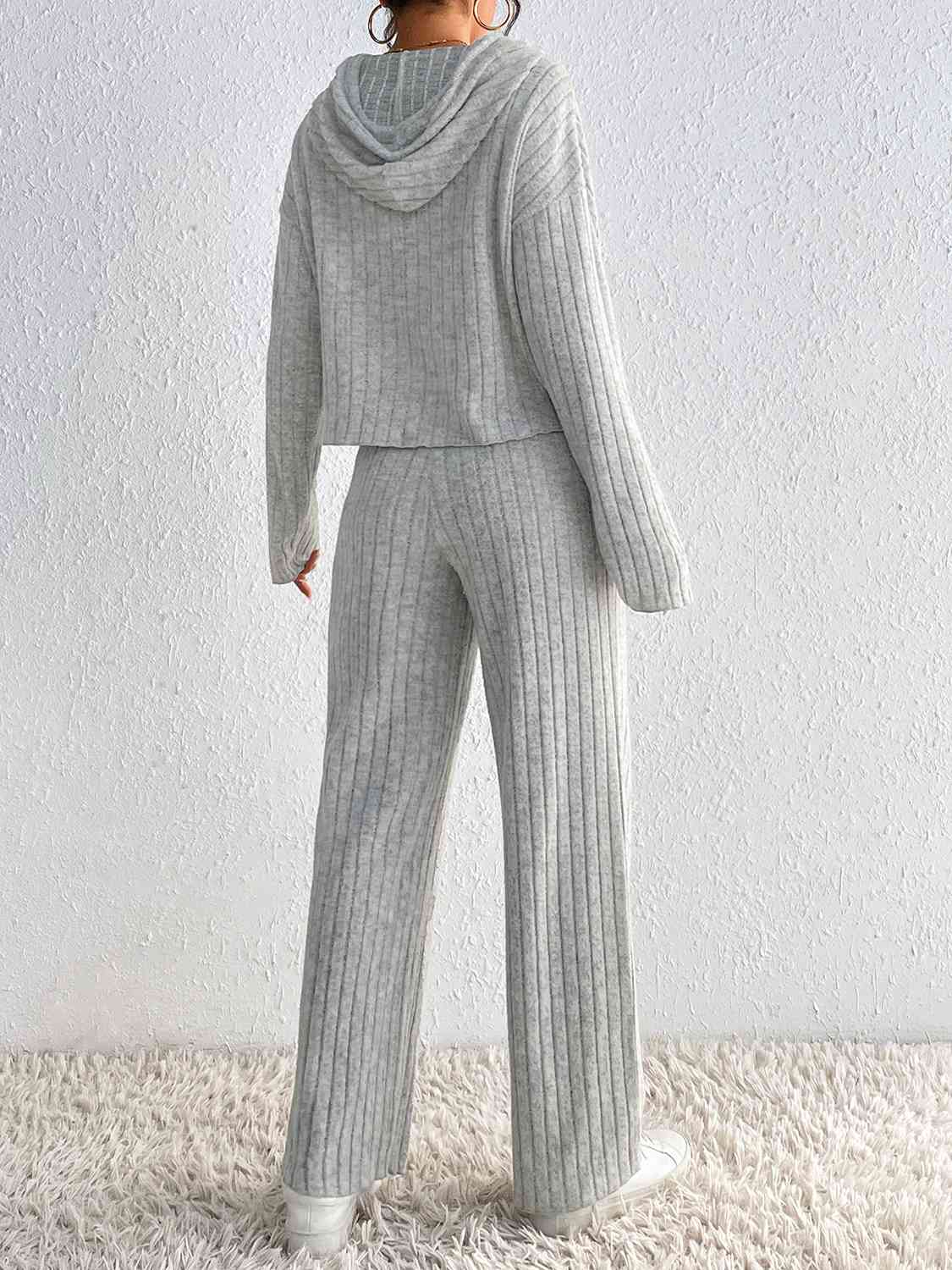 Drawstring Ribbed Hoodie and Straight Leg Pants Set - Loulou Boutique