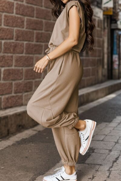 Drawstring Round Neck Cap Sleeve Jumpsuit - Loulou Boutique