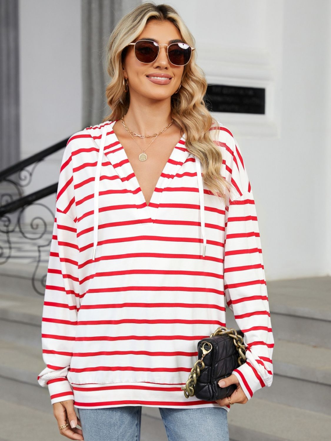 Drawstring Striped Long Sleeve Hoodie - Loulou Boutique