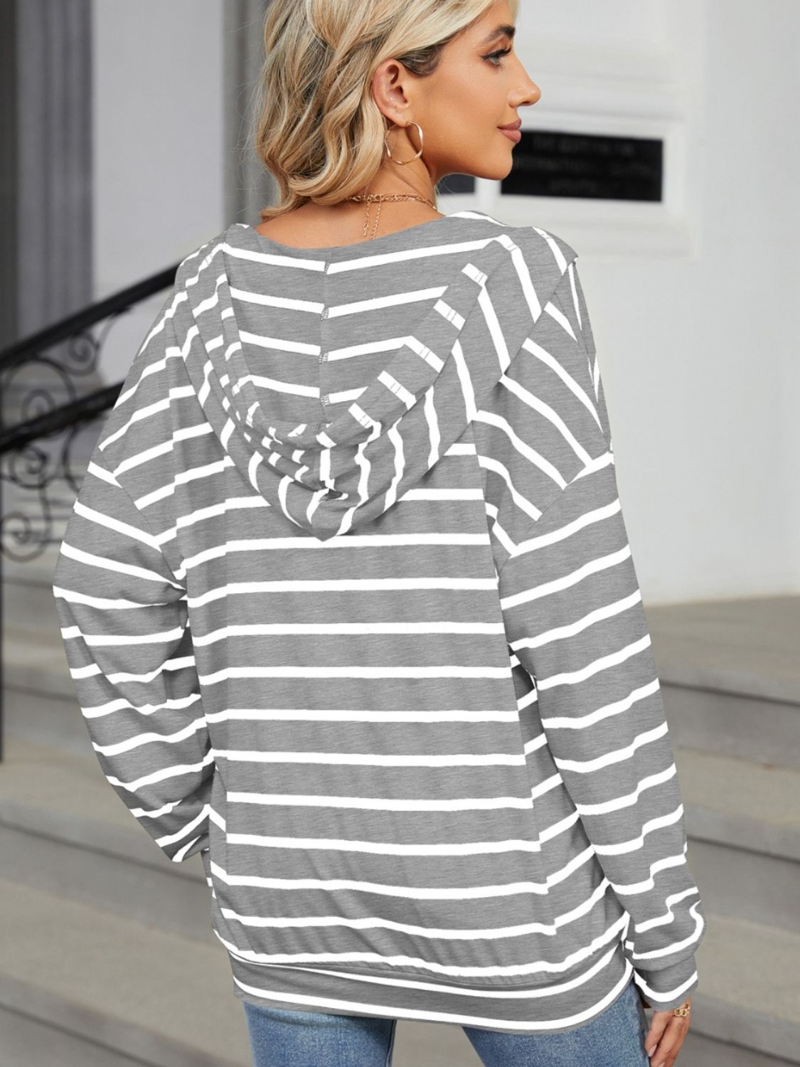 Drawstring Striped Long Sleeve Hoodie - Loulou Boutique